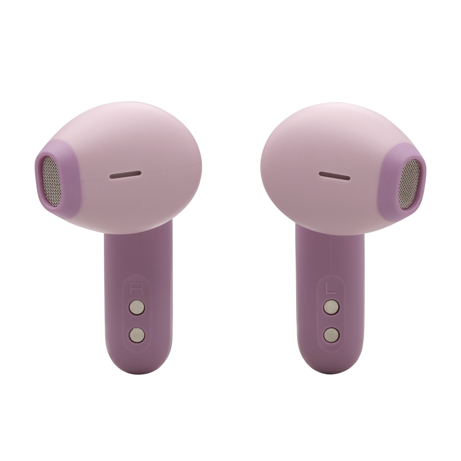 Two wireless earbuds, pink and purple, on a black background. Each has a small button.