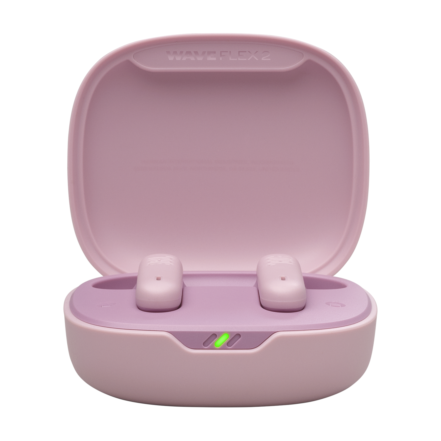 Pink earbuds in an open pink case with green indicator lights.