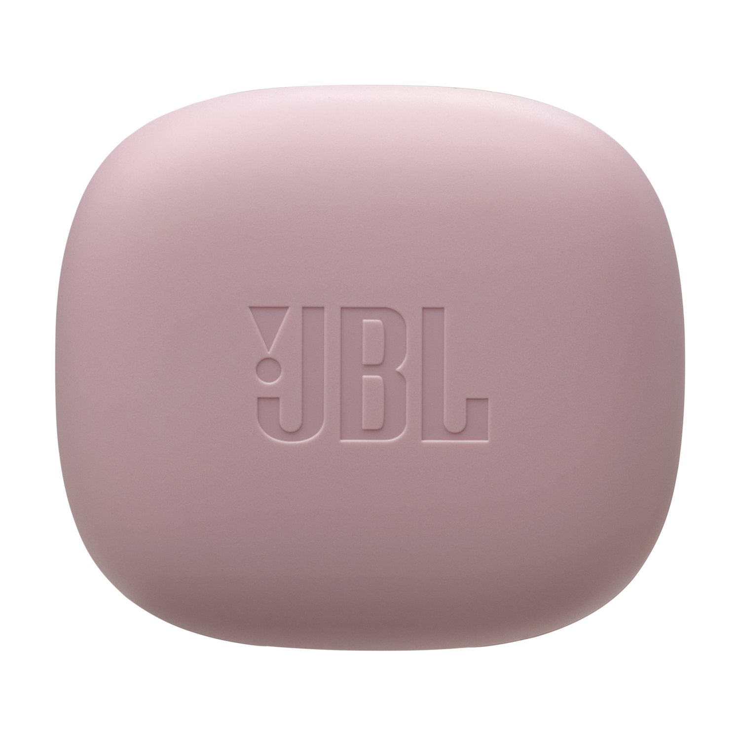 A pink JBL earbud case on a black background, with the JBL logo embossed on the top.