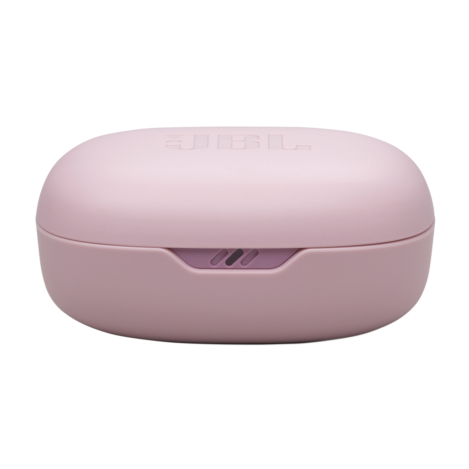 A pink JBL charging case for earbuds. The JBL logo is on the case.