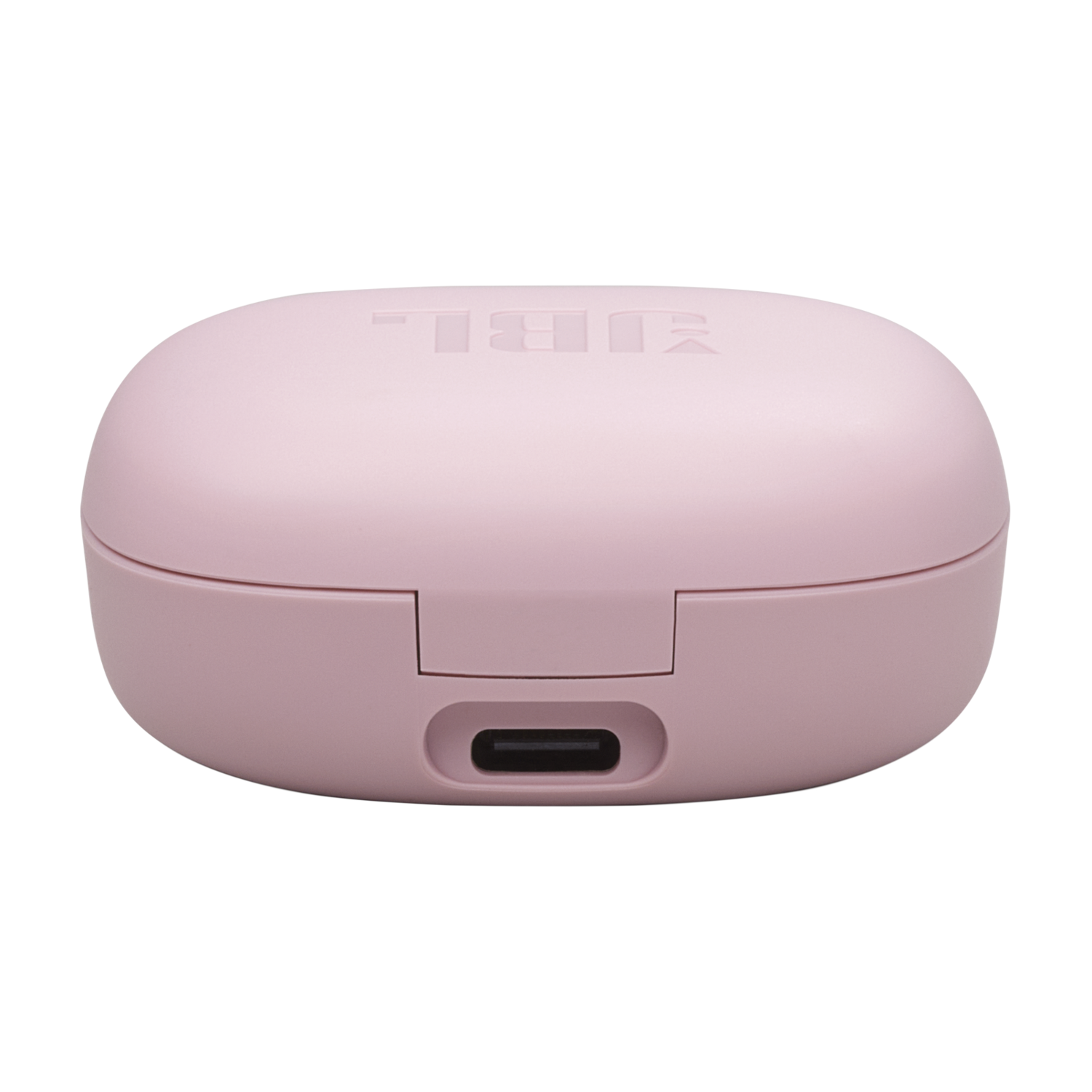 A pink charging case for earbuds with a USB-C port at the bottom.