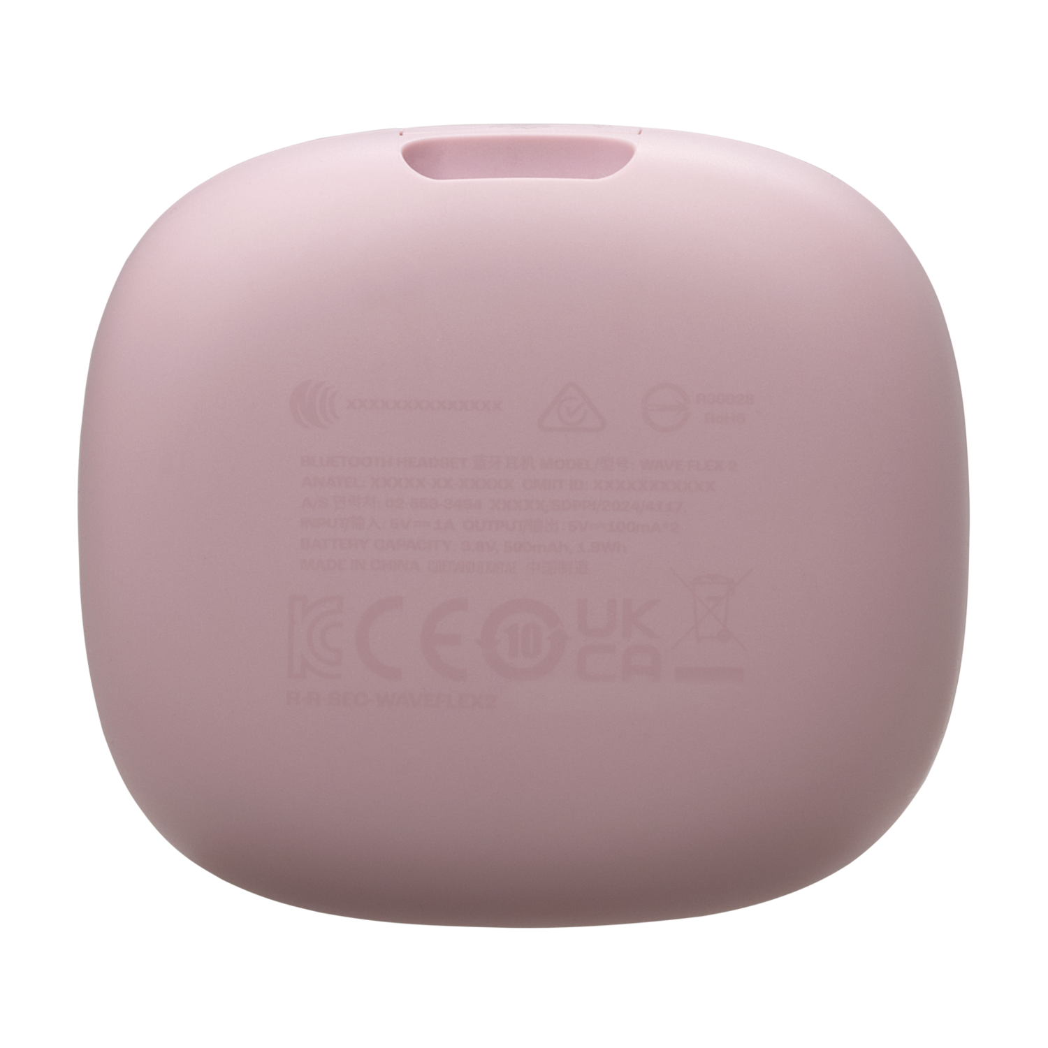 A pink rounded case with printed text.