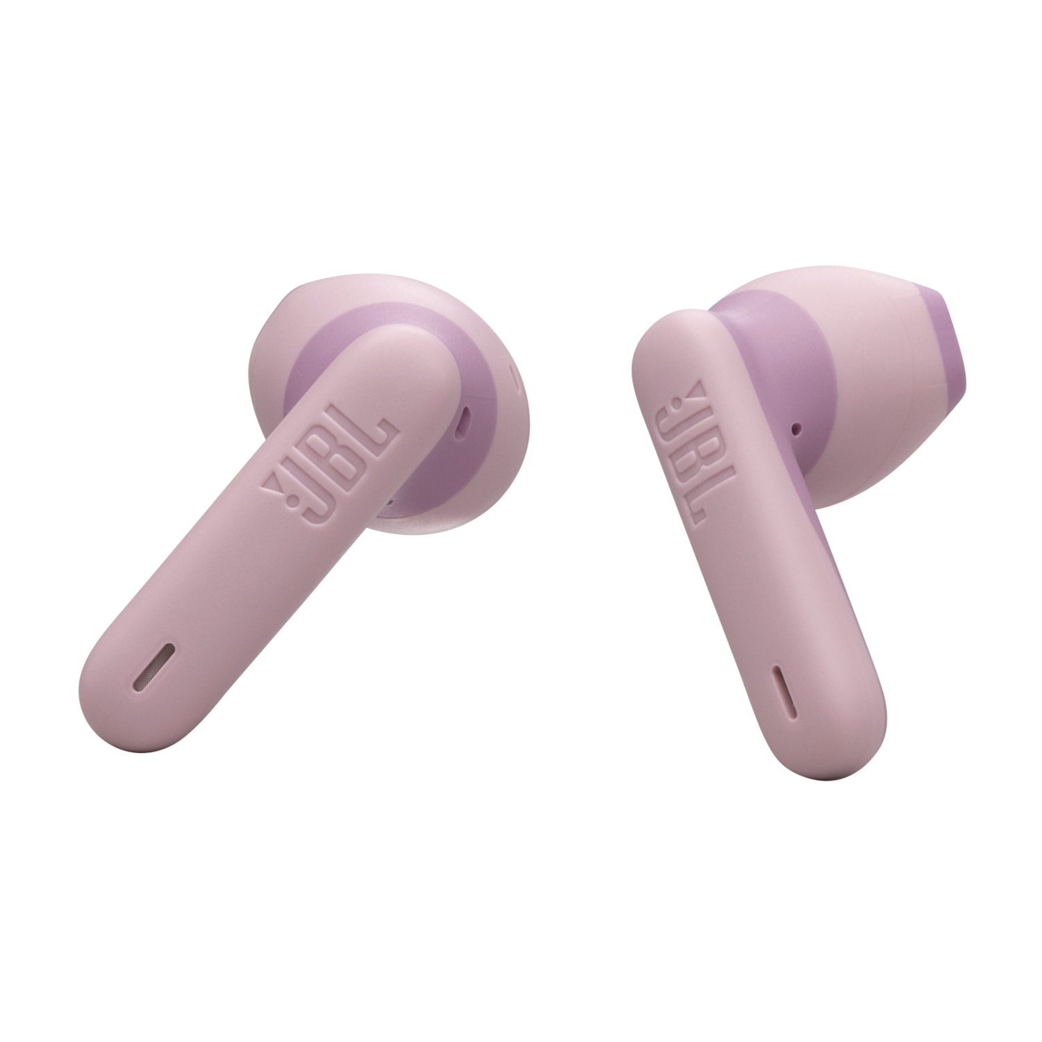 Two pink JBL earbuds. The JBL logo is visible on the stems. Earbuds are on a black background.