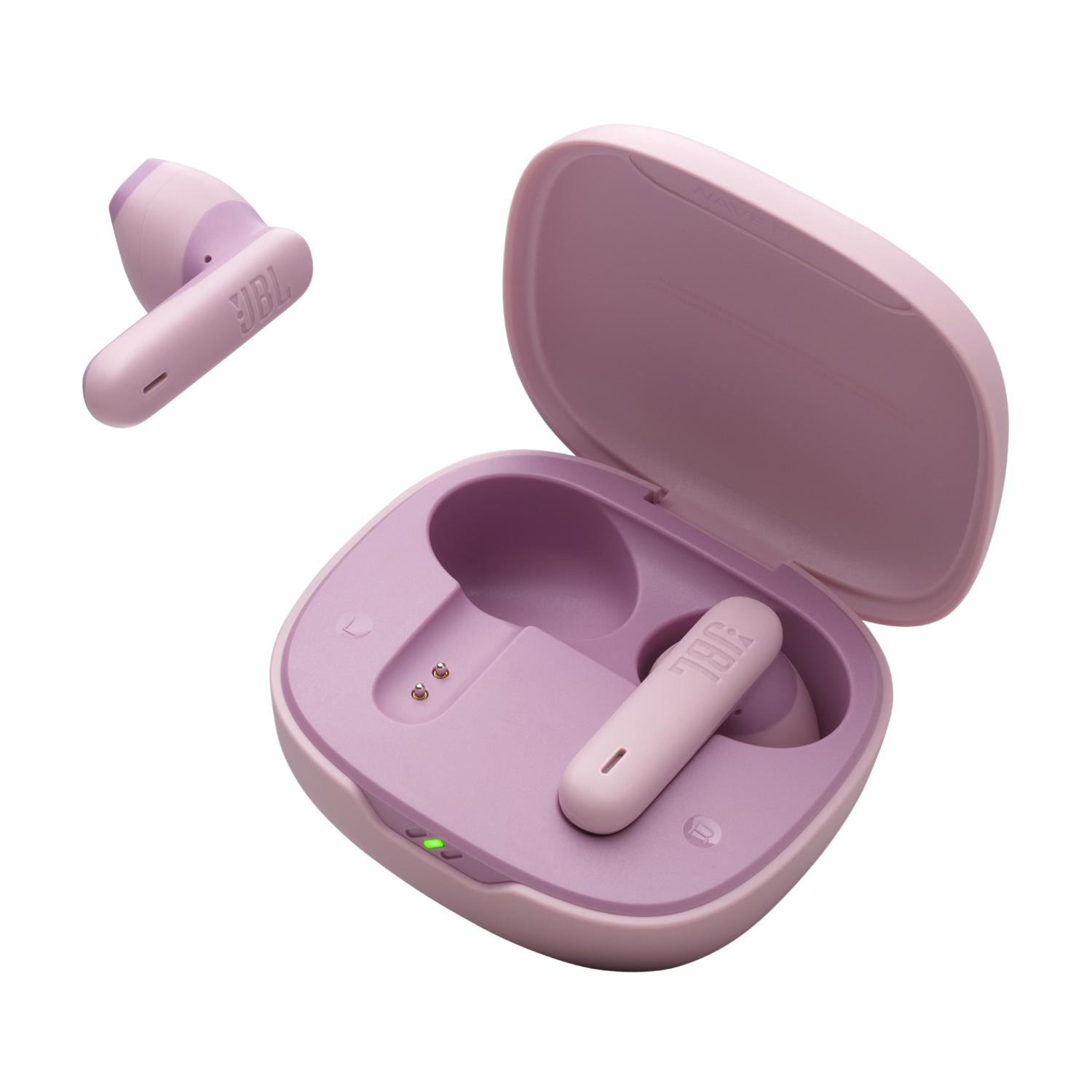 Pink wireless earbuds with a charging case. One earbud is separate, showing its design.