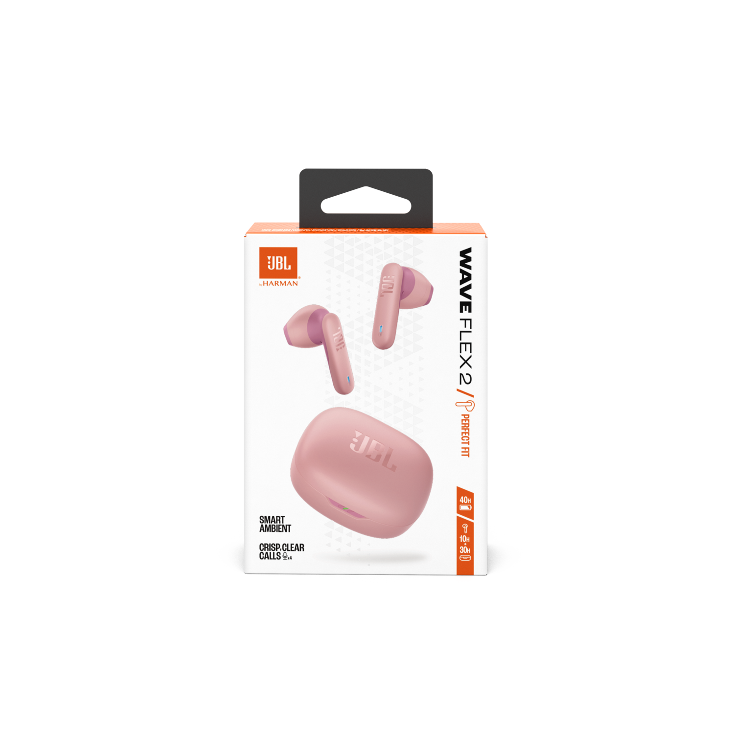 JBL Wave Flex 2 pink earbuds in a box, with a charging case, white background.