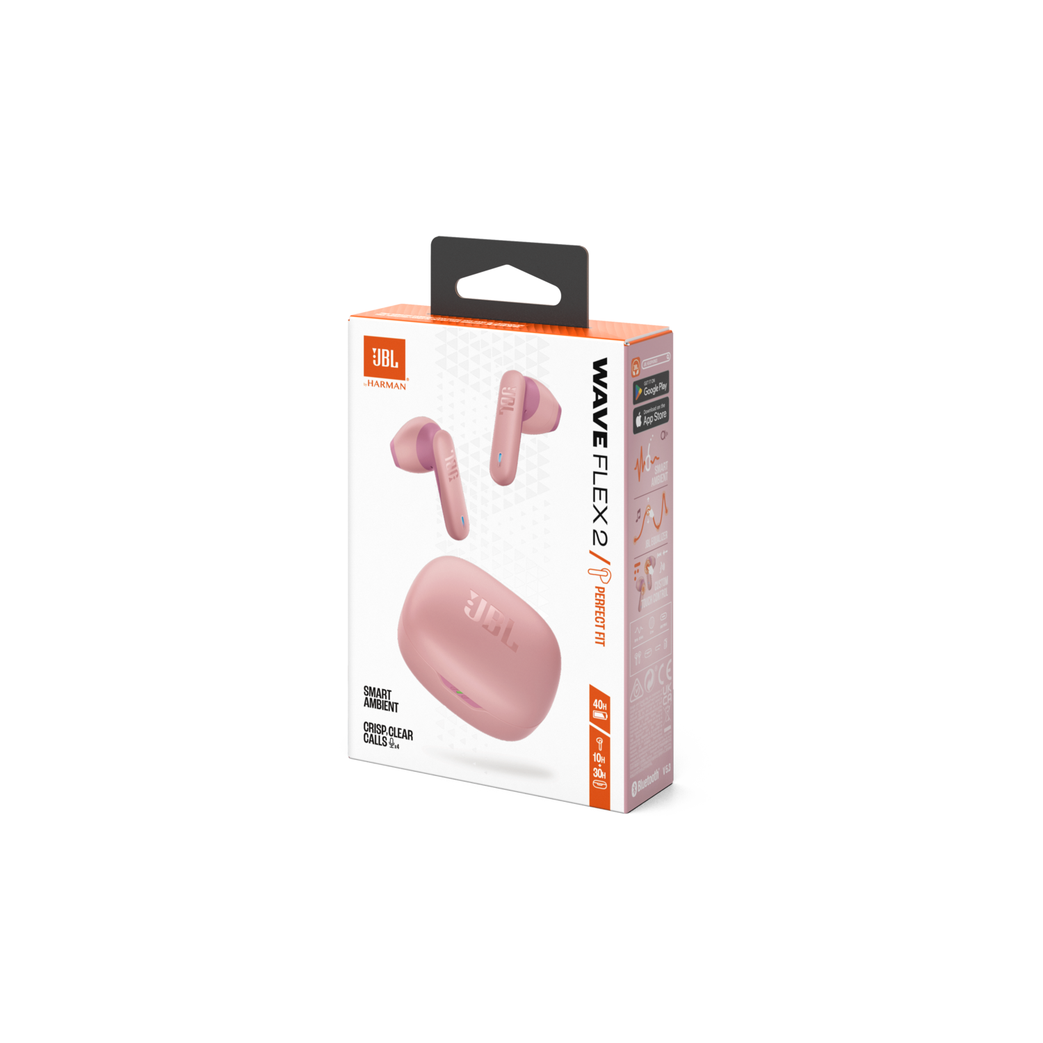 A pink JBL earbuds box with earbuds and case displayed, highlighting the product's features.