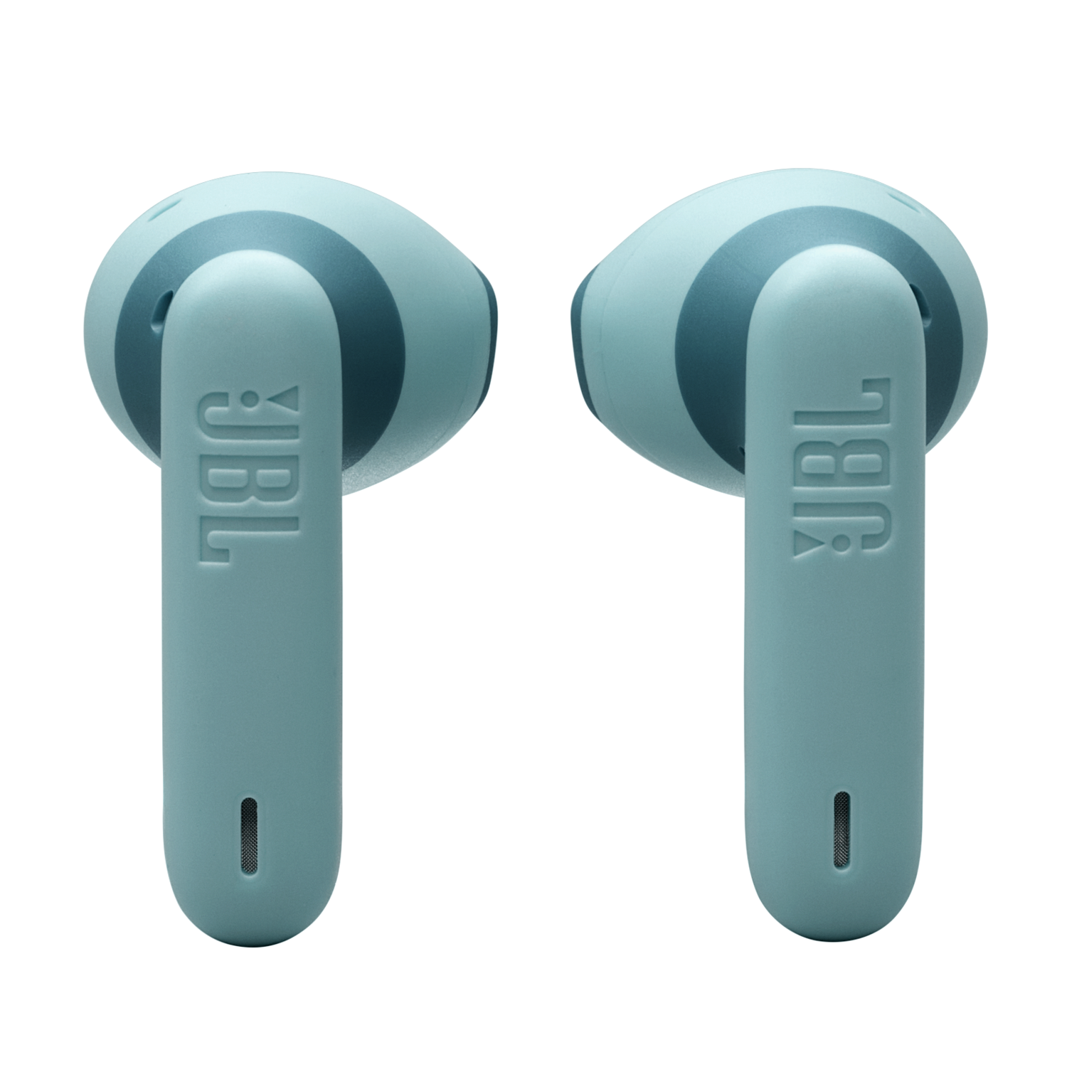 Close-up of two blue JBL earbuds. The JBL logo is visible. The background is black.