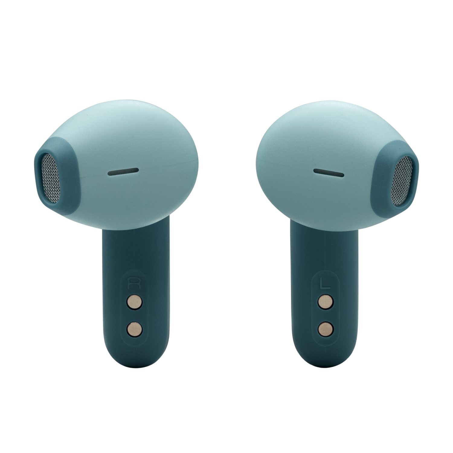 Two teal earbuds with dark teal accents. They are on a black background.