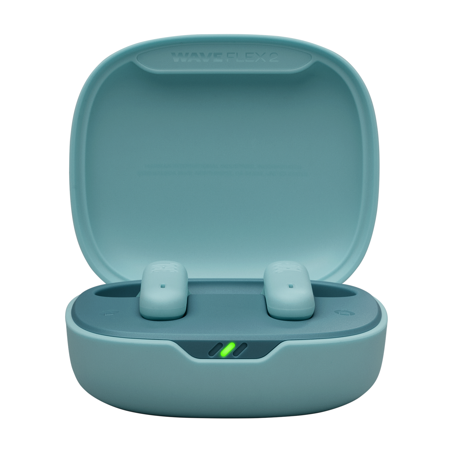Teal-colored earbuds in an open case. The case is teal, and the buds are teal.