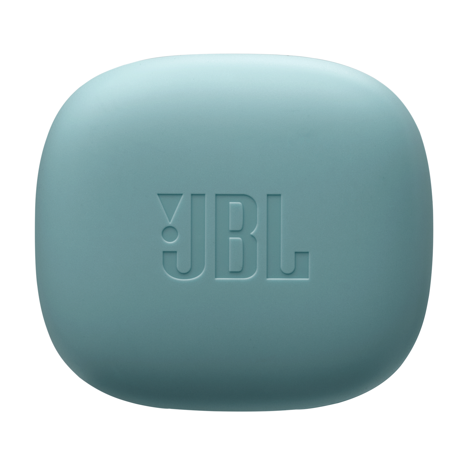 A teal, square-shaped JBL earbud case with the JBL logo embossed on it.