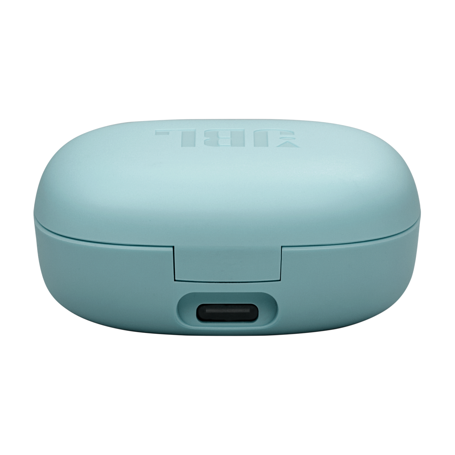 A teal colored JBL earbud case with the JBL logo on it. It is on a black background.