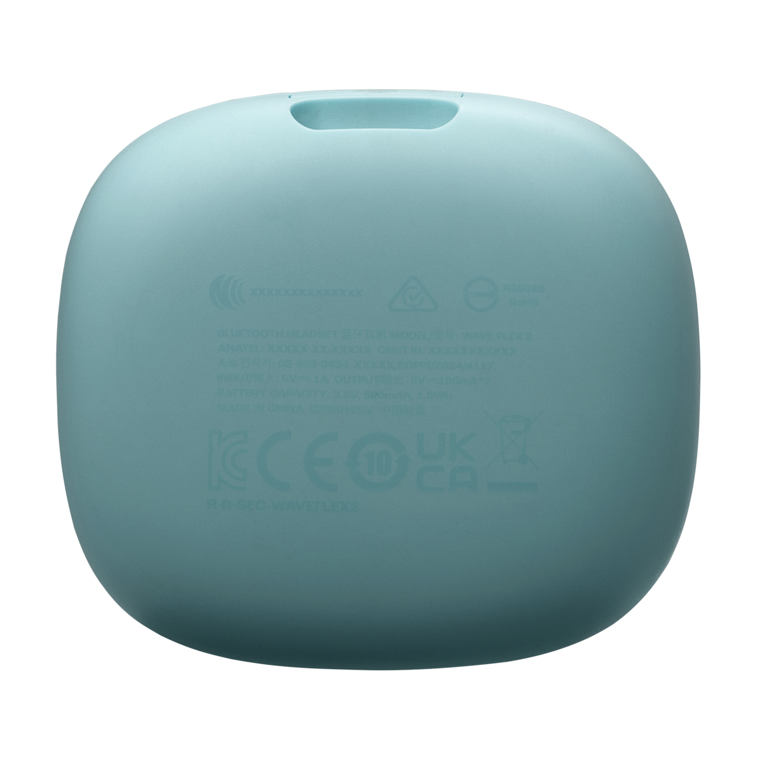 Teal, oval-shaped charging case with a small handle and text on the back.