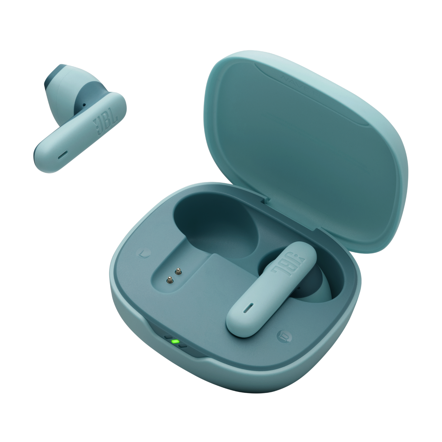 Turquoise JBL earbuds and charging case. One earbud is shown outside the case. Black background.