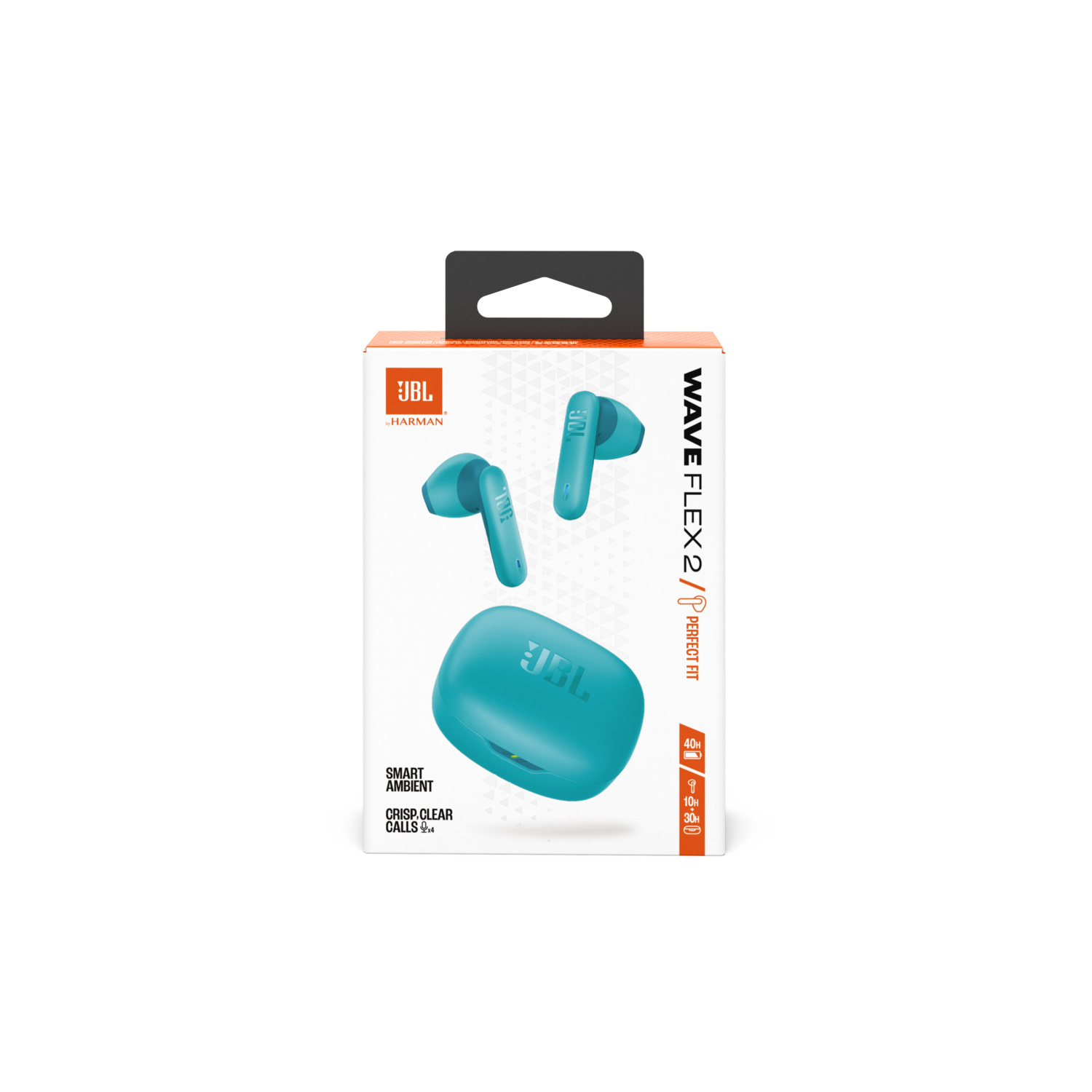 JBL headphones box with teal earbuds and case. The box has text and images of the product.