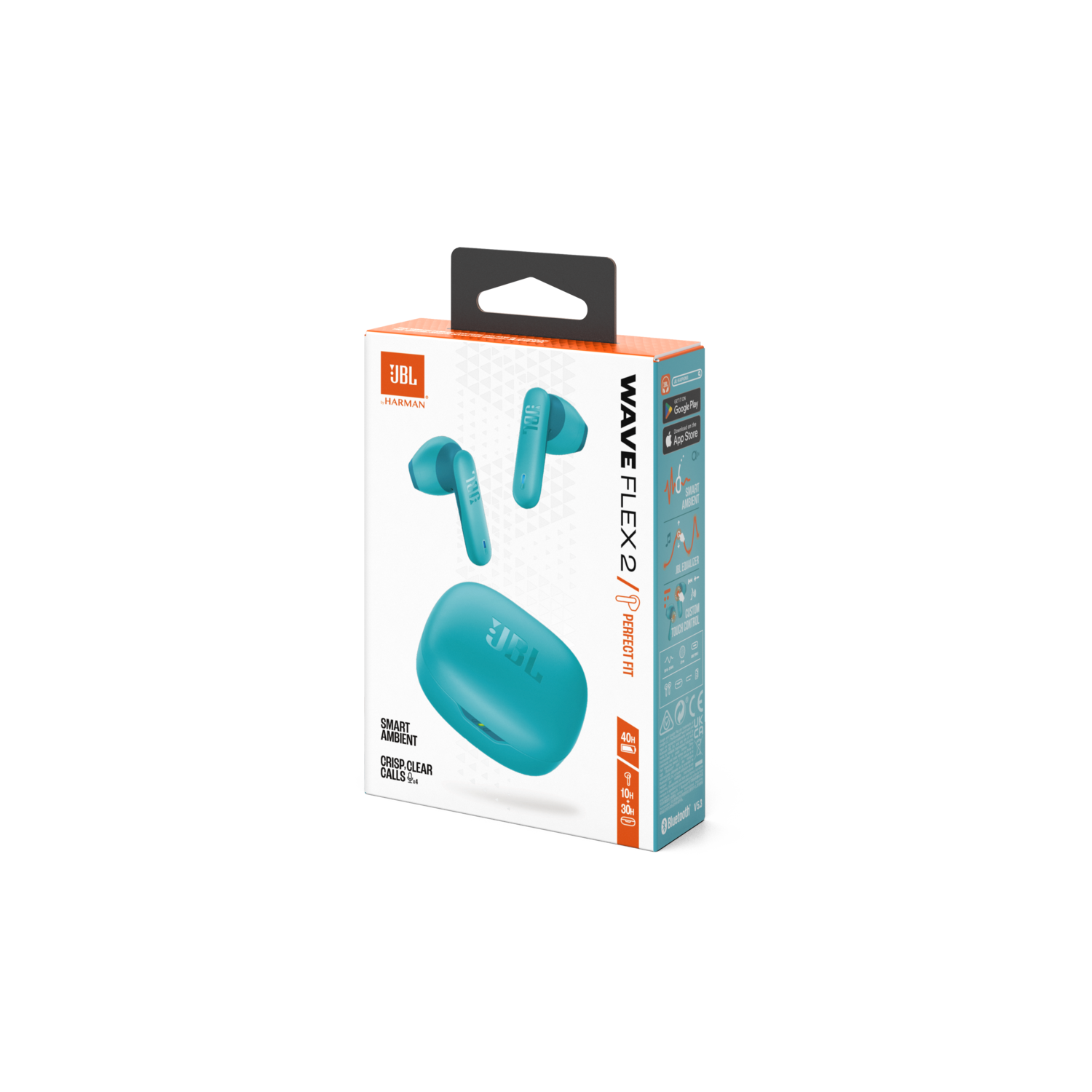 JBL Wave Flex 2 earbuds in a teal box, with the case and earbuds.