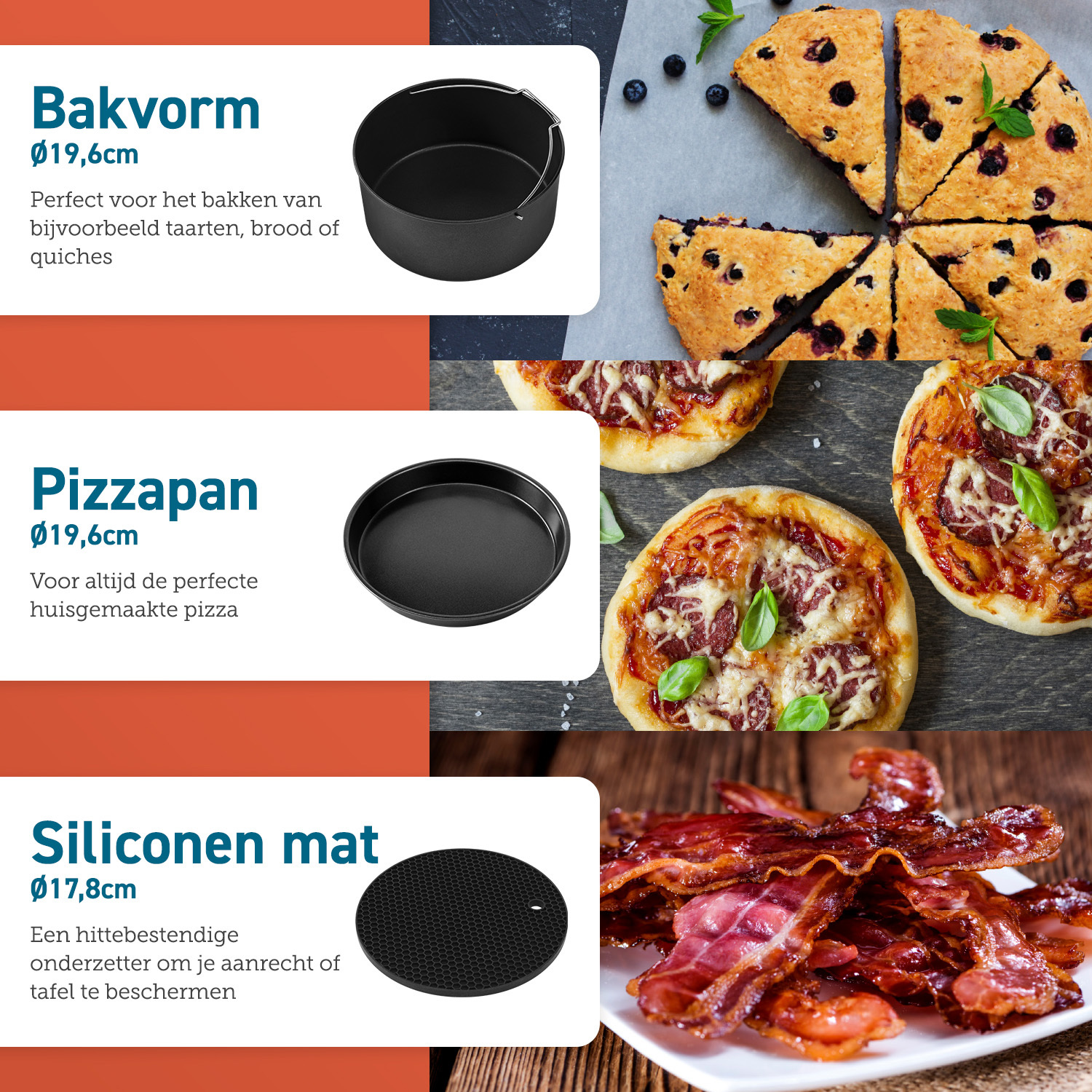 Three images showing a baking pan, a pizza pan, and a silicone mat with food.