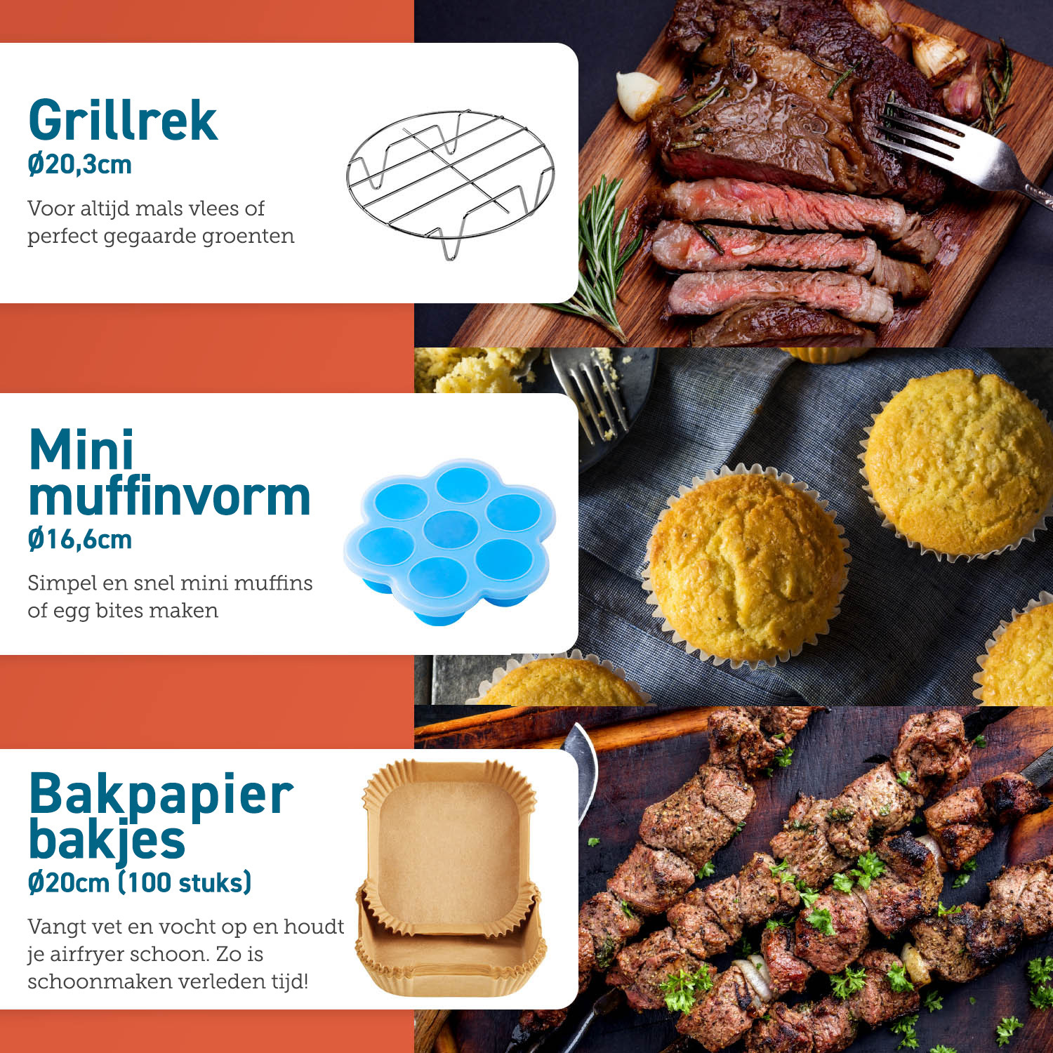 Collage of food preparation items and finished dishes, including meat, muffins, and skewers.