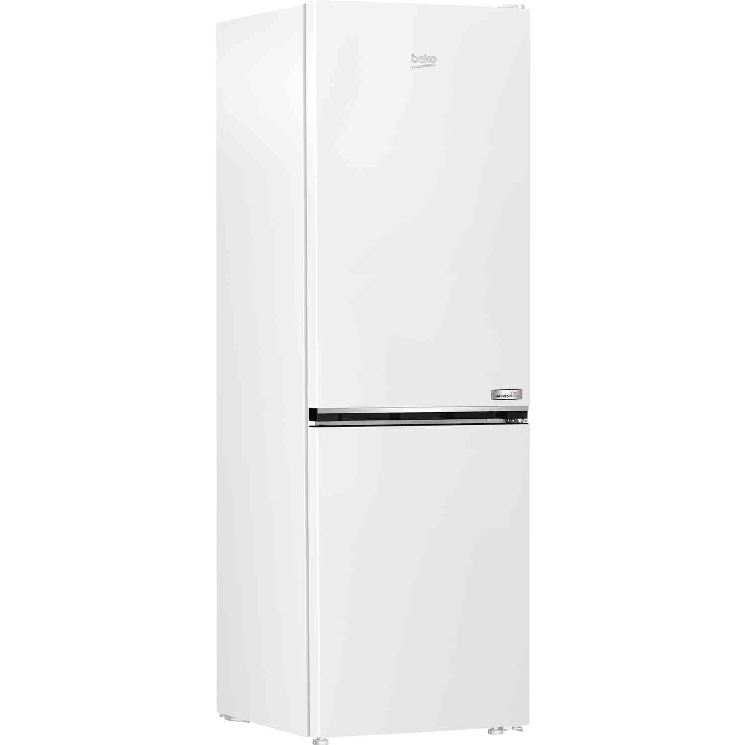 A white refrigerator with a freezer below and the Beko brand. The door is closed.