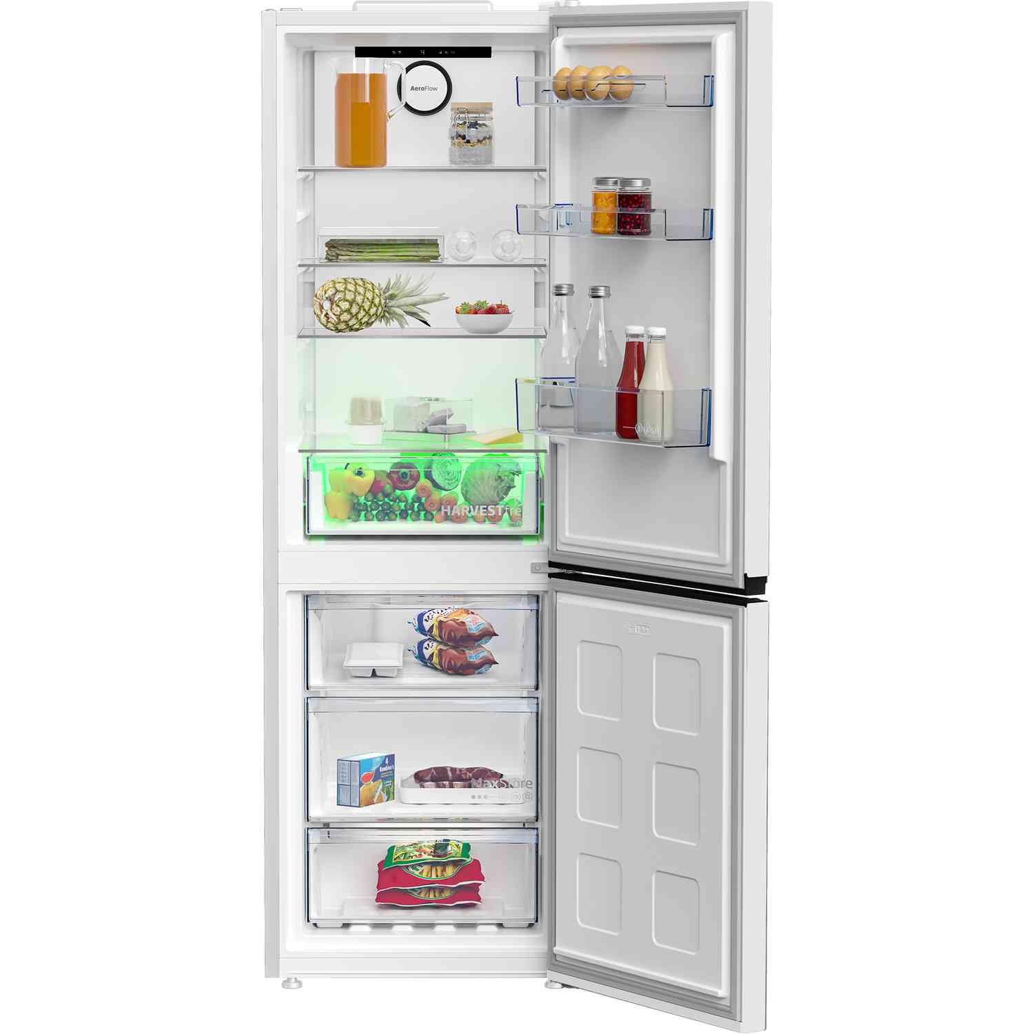 A white refrigerator with open doors, displaying shelves of food items and a green-lit vegetable drawer.