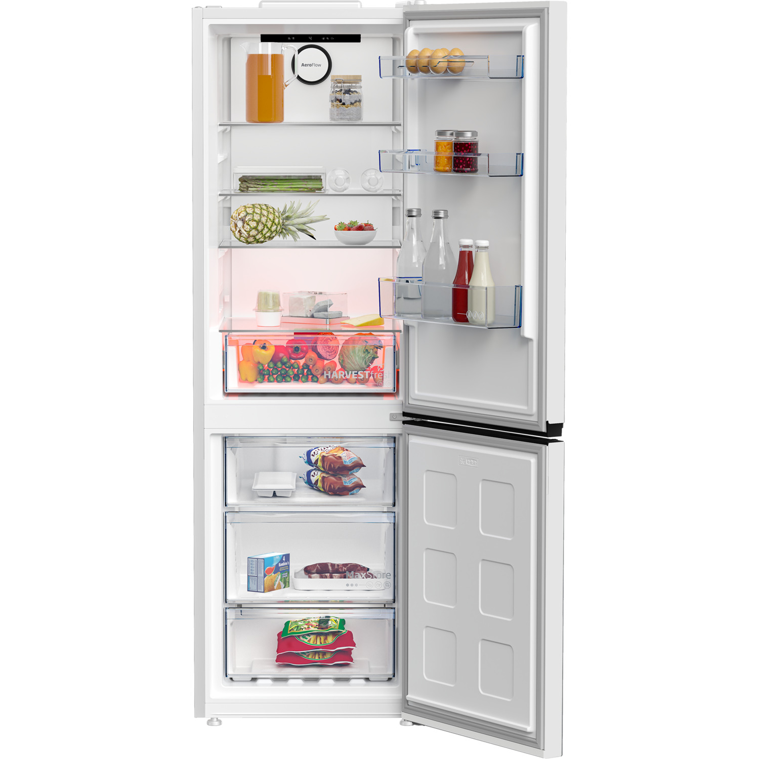 White refrigerator with the door open, showing shelves with food items. Background white.