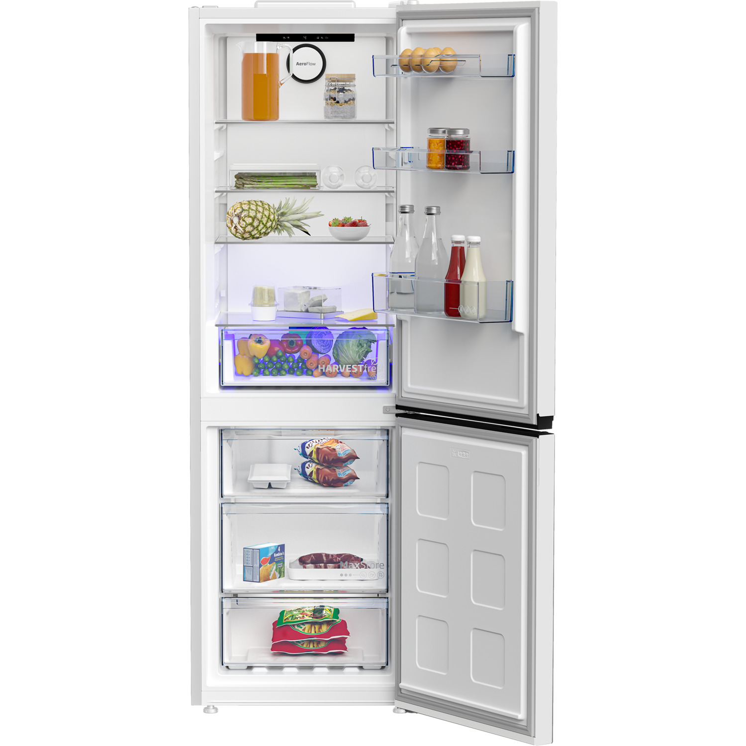 Open white refrigerator with shelves of food. Fruits, veggies, and beverages are visible.