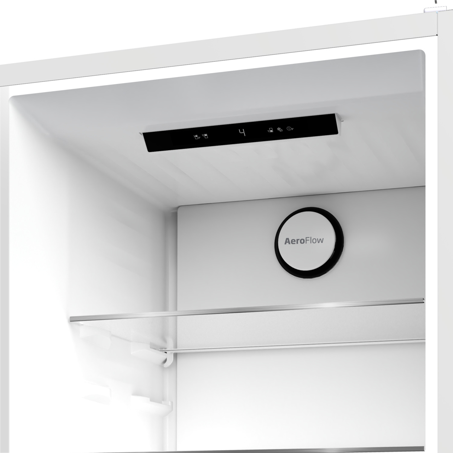 Inside of a white refrigerator with the 'AeroFlow' logo and a digital display.