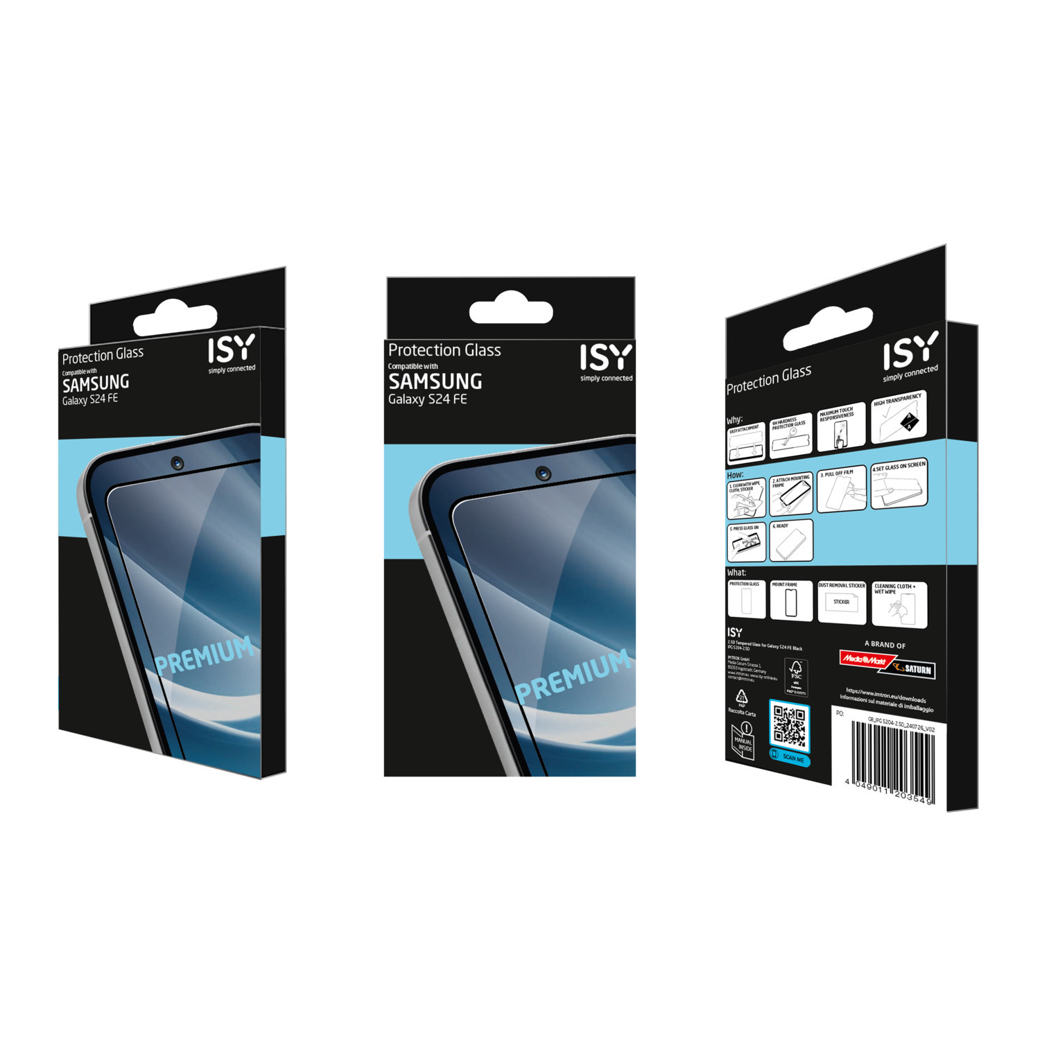 Verpakking van telefoon screenprotector. Drie dozen met details en instructies.