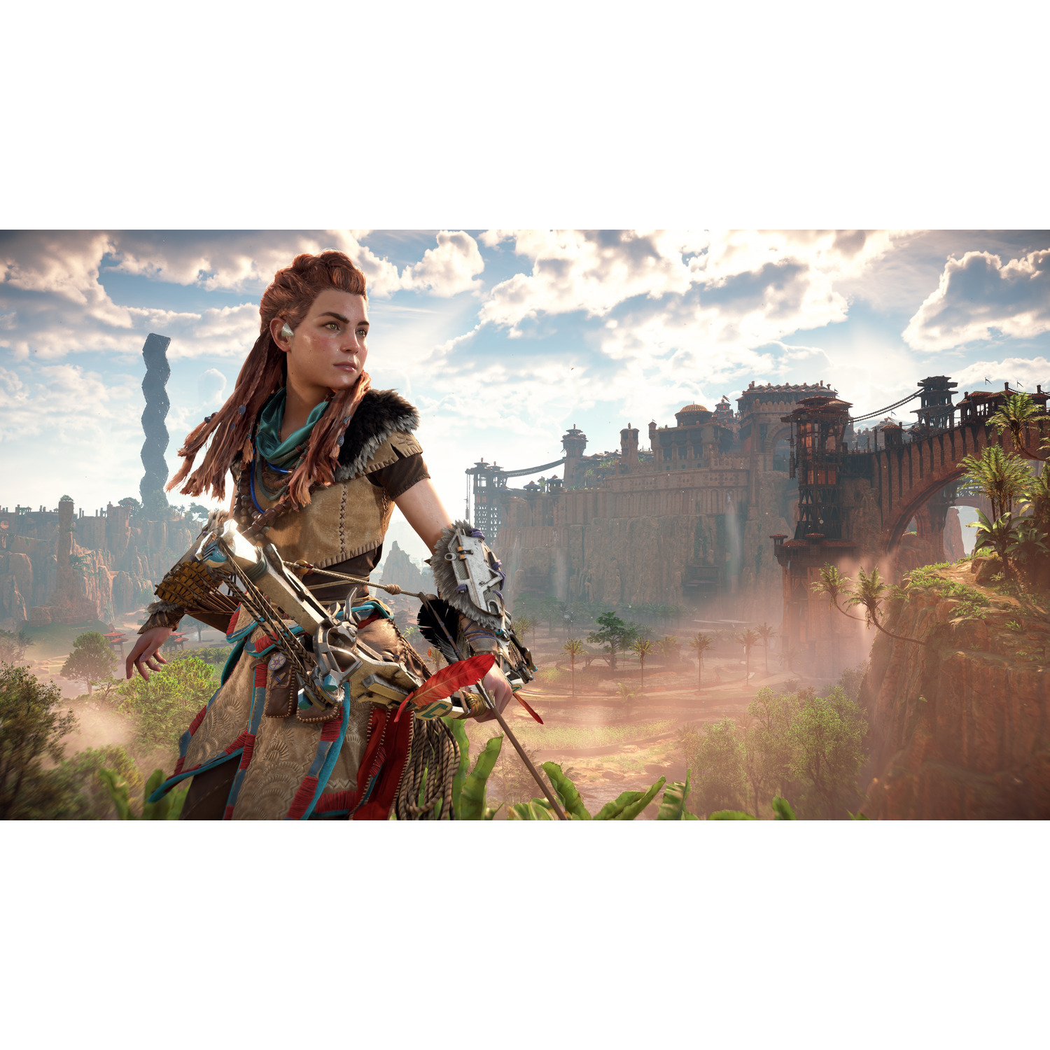 A woman with a bow and arrow stands in a landscape with a castle in the distance.