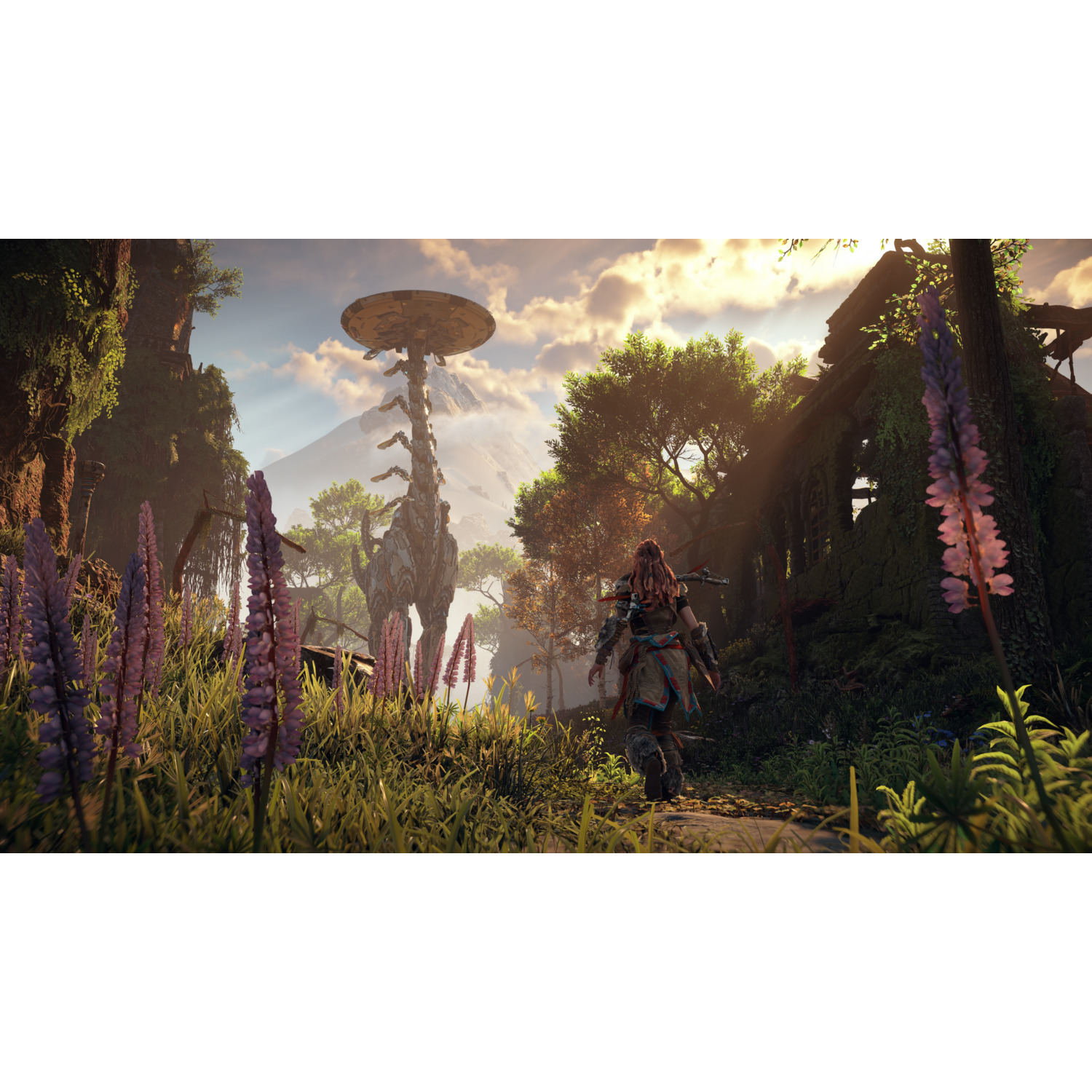 Woman in a forest with a tall robot-like structure and a mountain in the distance.