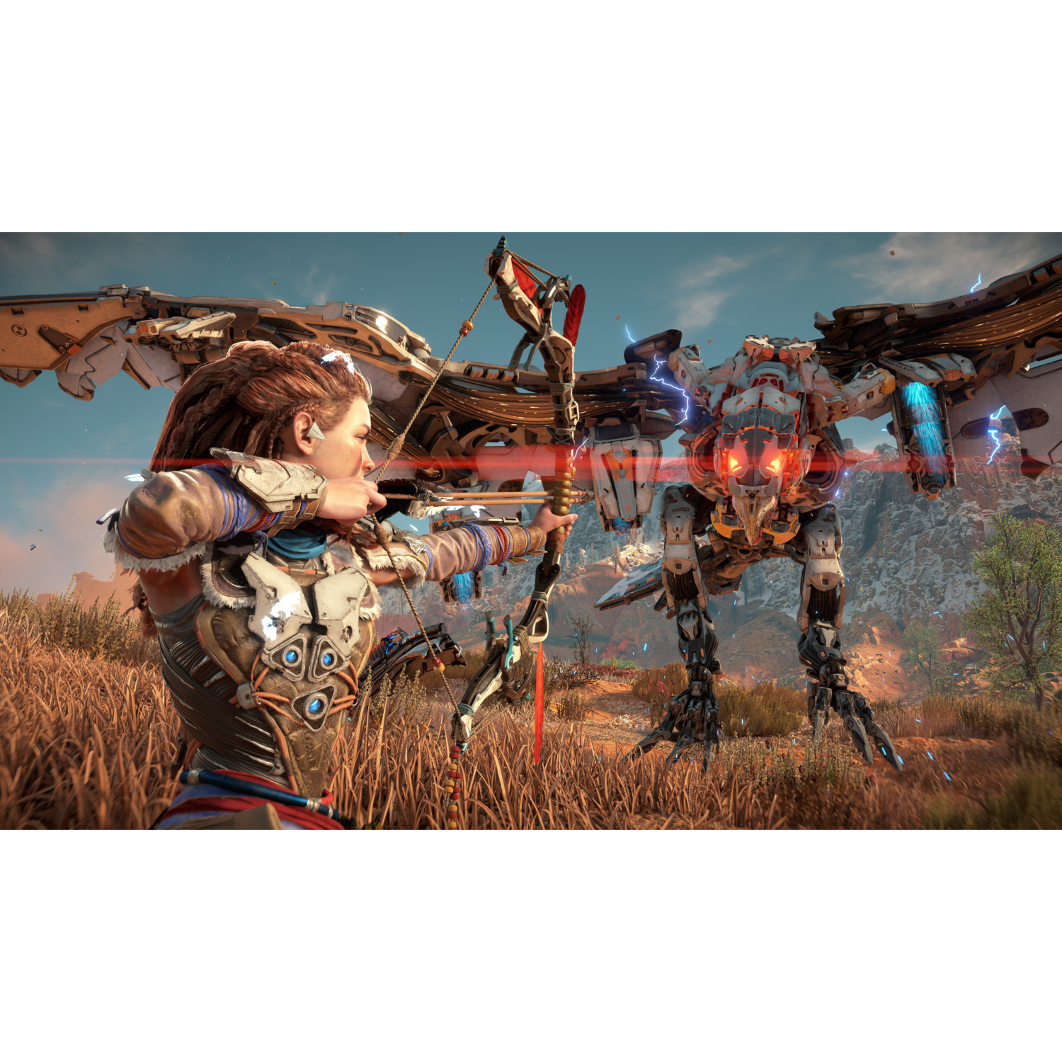 A woman aims a bow and arrow at a mechanical bird-like creature in a grassy field.