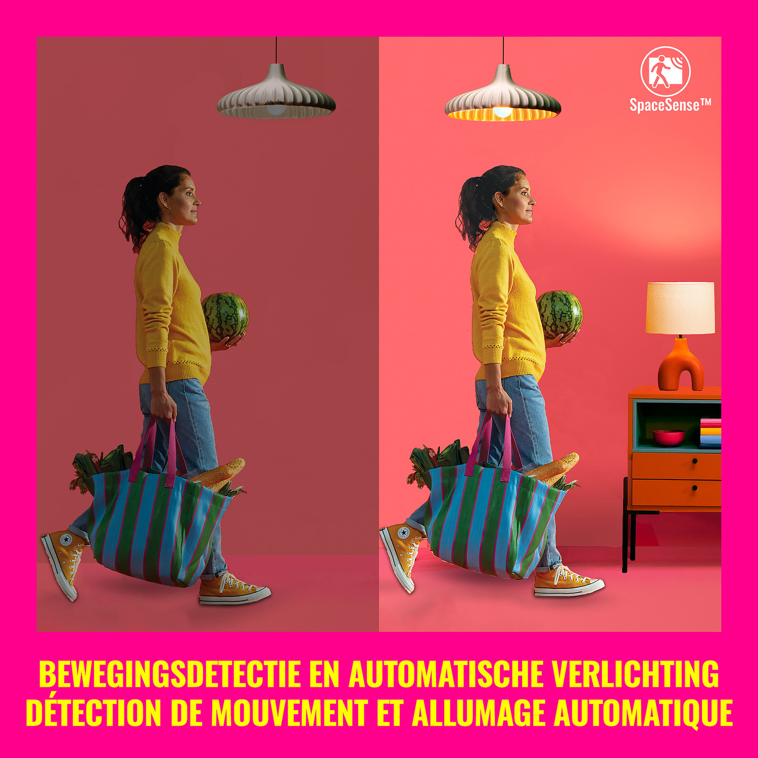 Femme marchant avec des courses, deux images montrant différents éclairages.