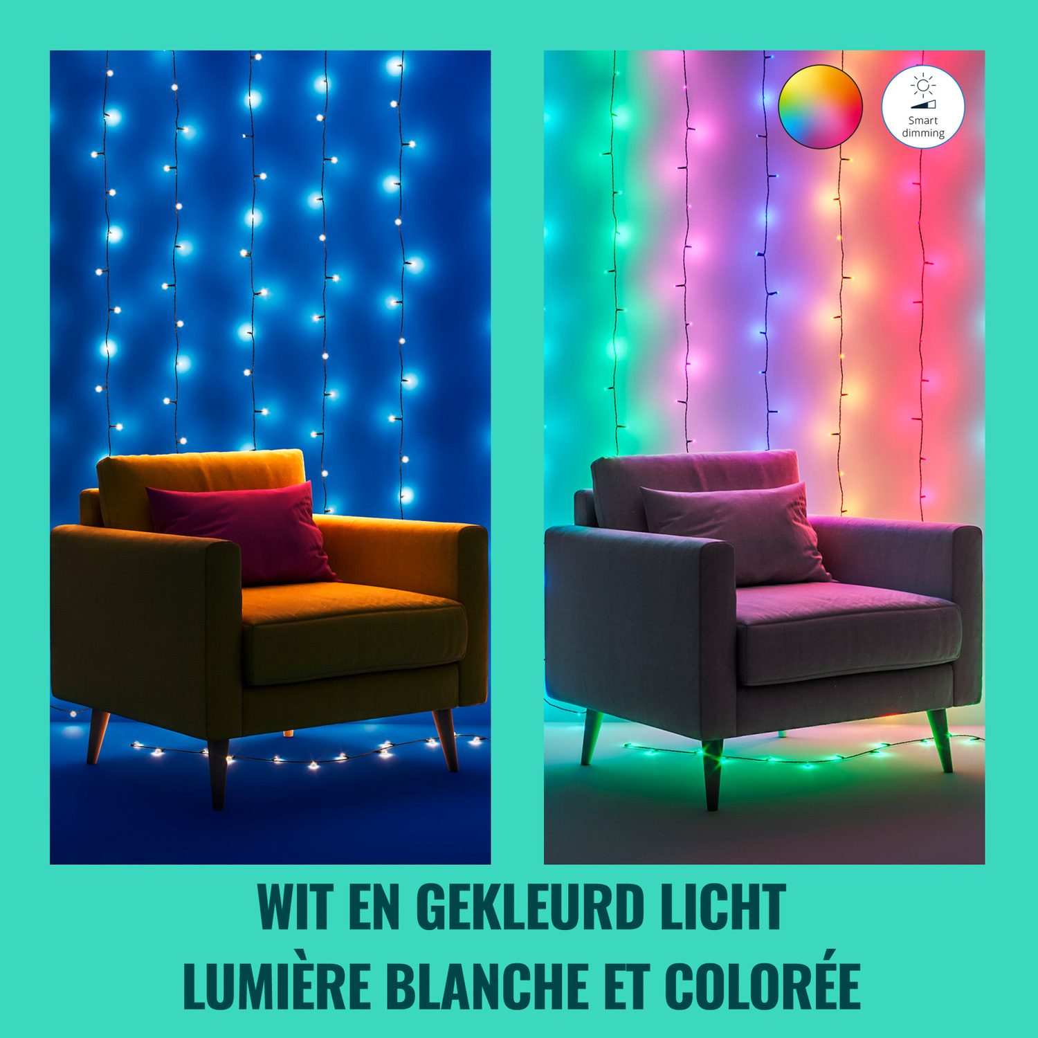 Deux fauteuils avec des guirlandes lumineuses derrière eux. Un avec une lumière bleue, l'autre avec des lumières changeant de couleur. Texte en bas.