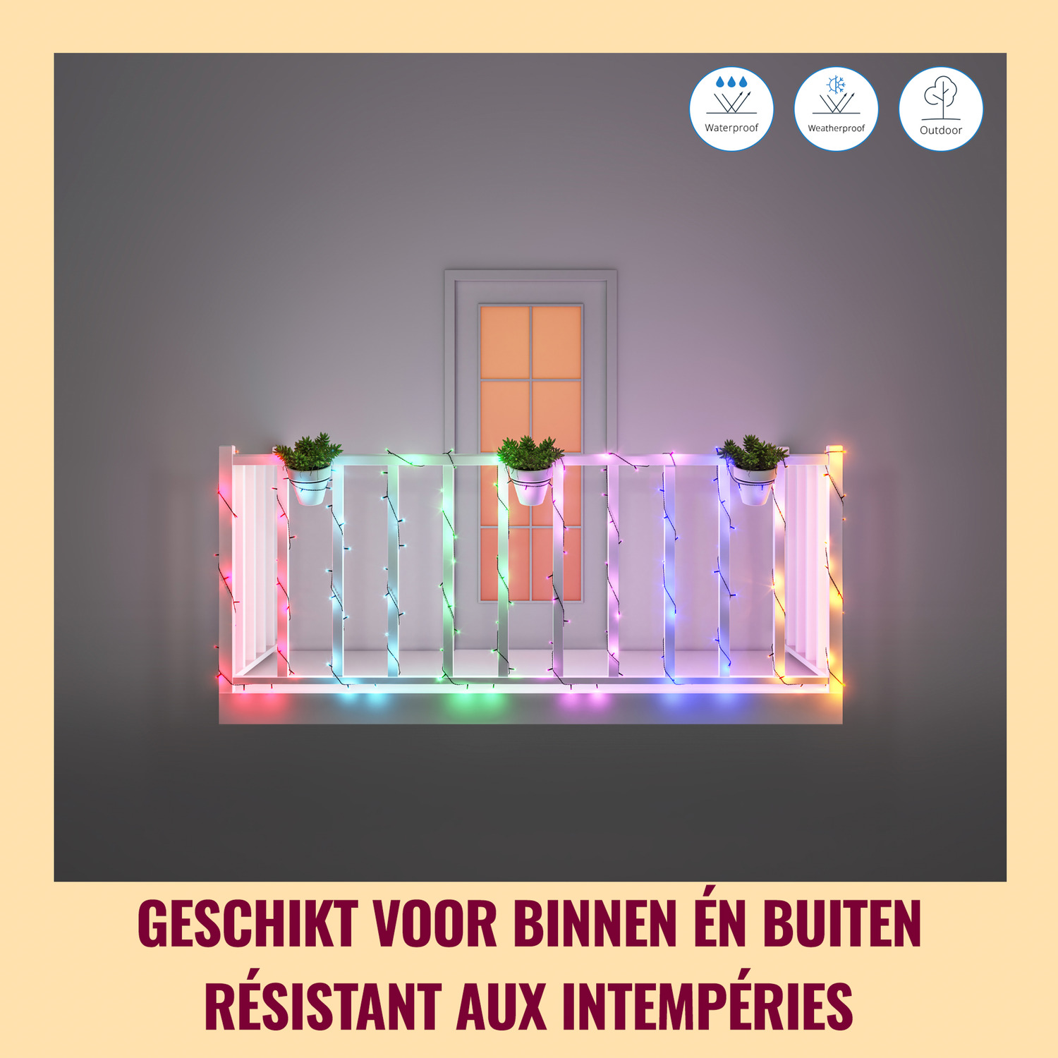 Un balcon avec guirlandes lumineuses et plantes en pot. Texte en néerlandais et français.