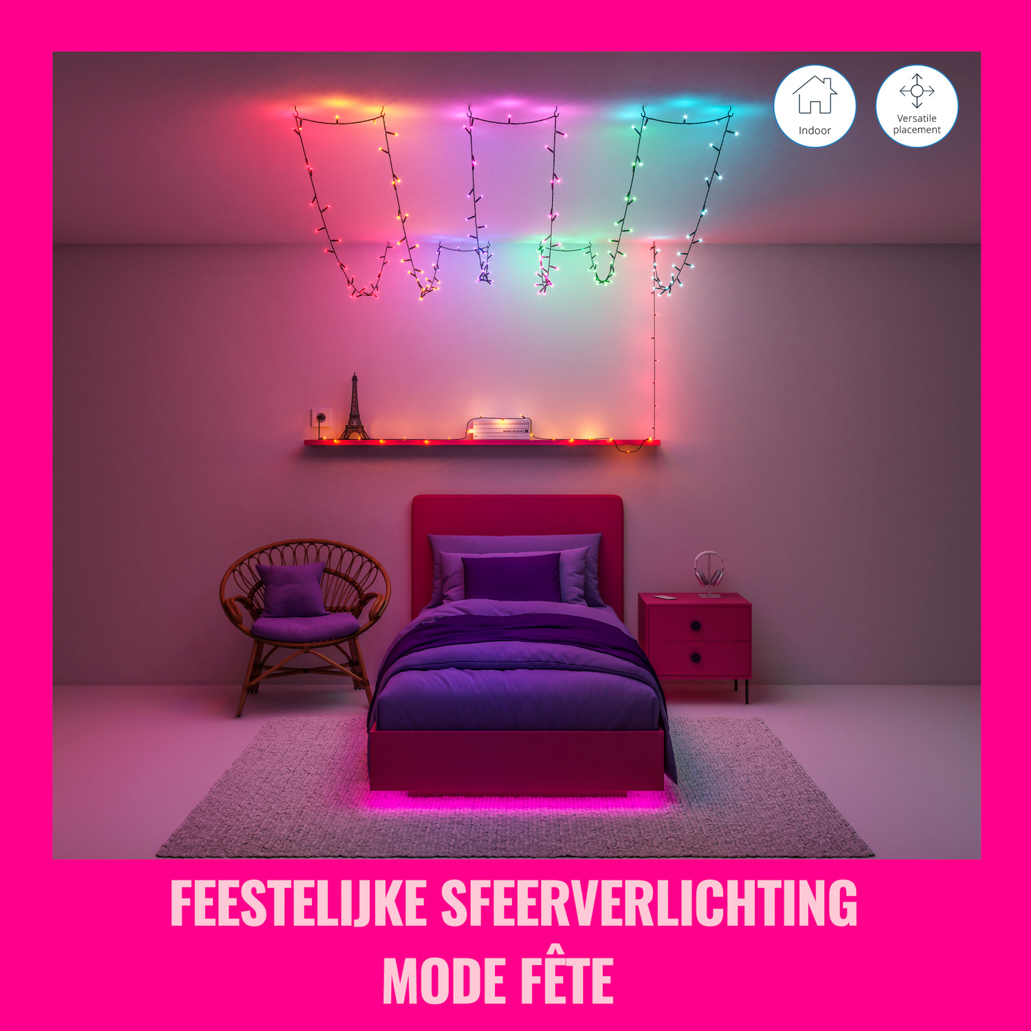 Chambre avec lit, lumières et table rose.