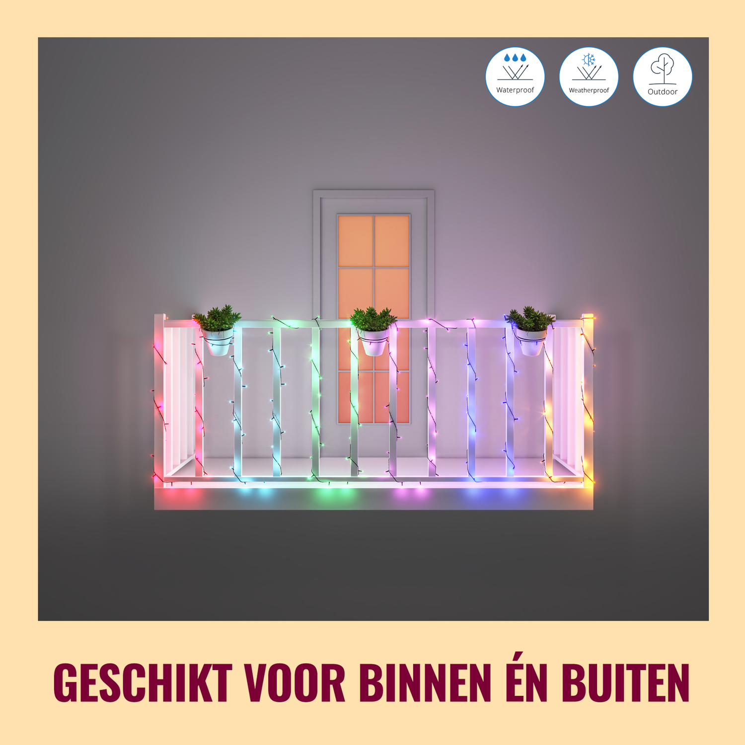 Balkon met kleurrijke lichten en planten. Tekst: Geschikt voor binnen en buiten.