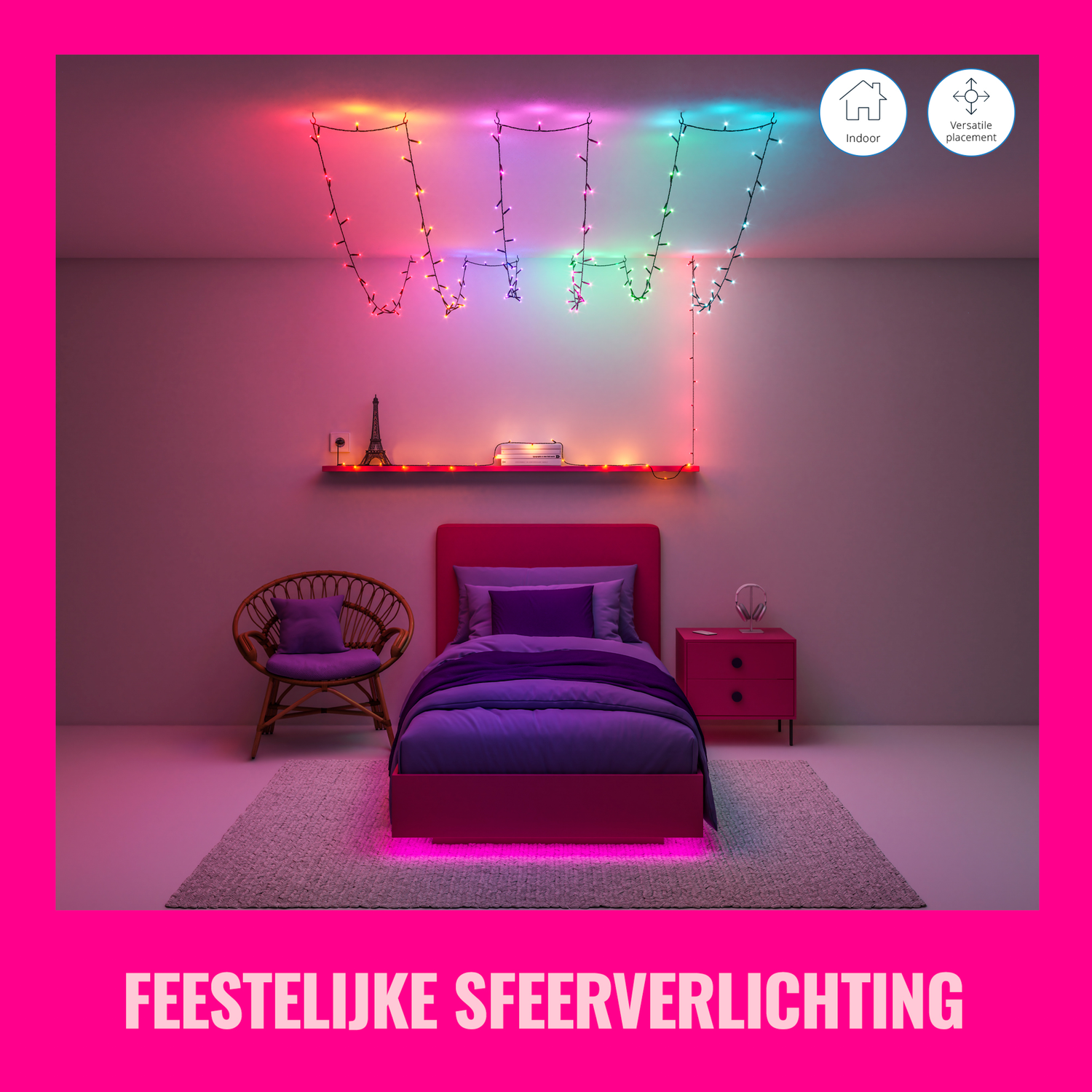 Een slaapkamer met kleurrijke lichtslingers. Een bed en een nachtkastje zijn ook zichtbaar. Tekst zegt 'Festelijke sfeerverlichting'.