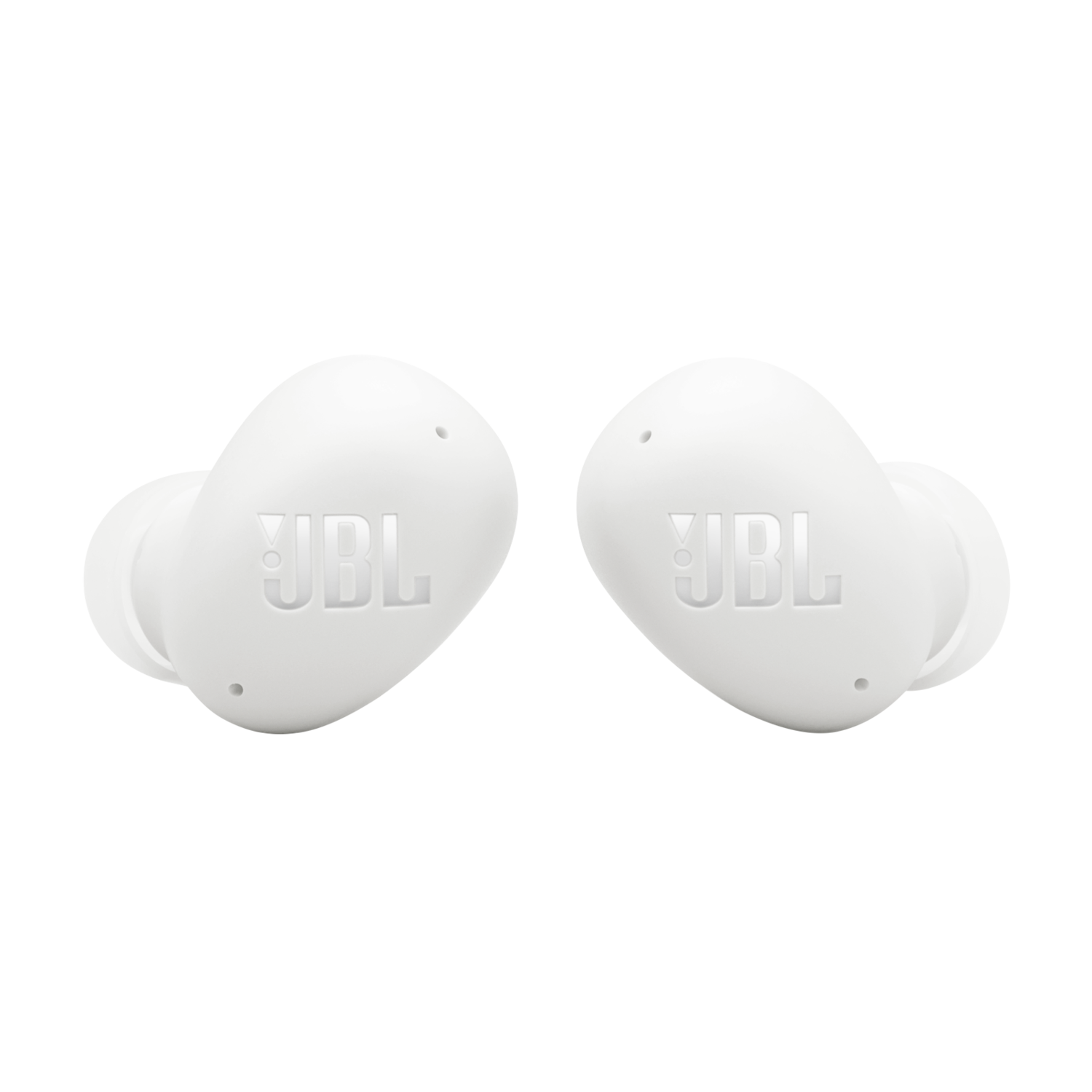 Twee witte JBL oortelefoons op zwarte achtergrond. Elk heeft het JBL logo.
