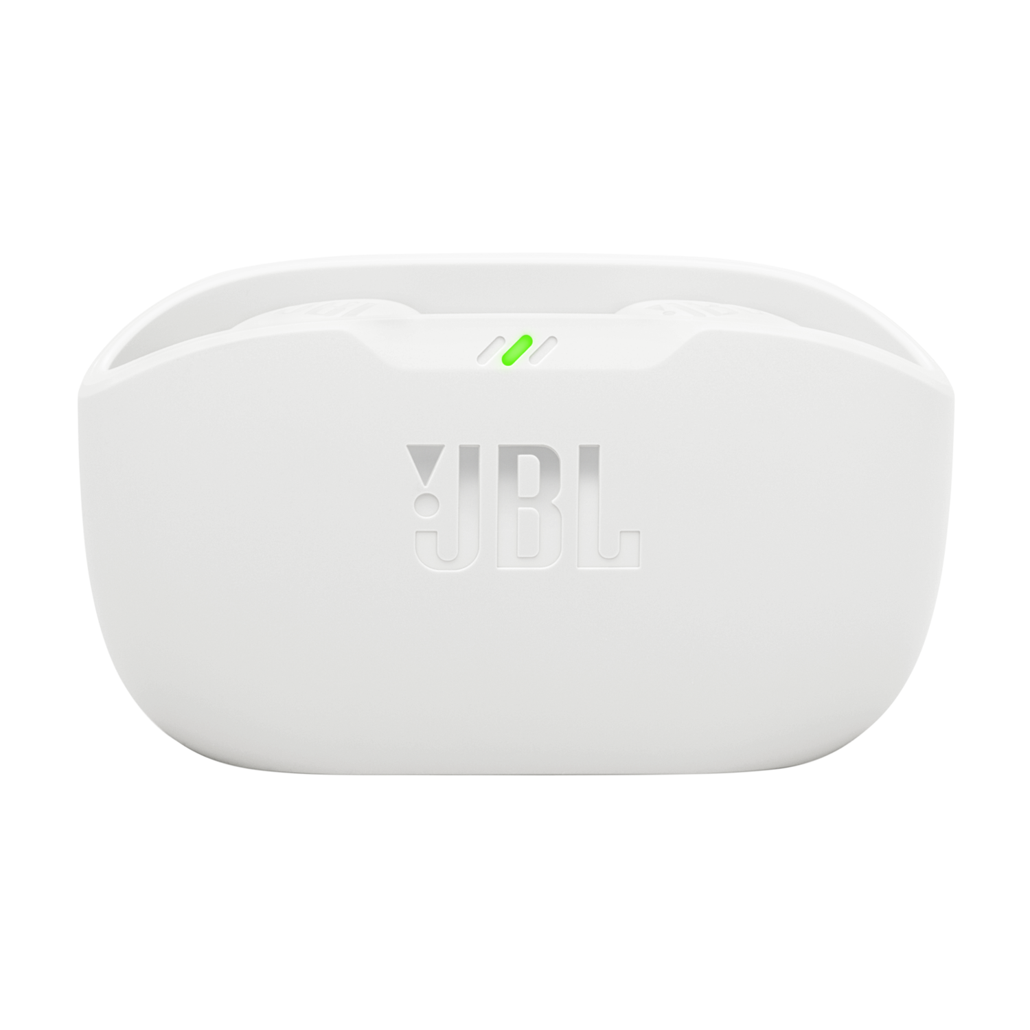 Een witte JBL oplaadcase. Het JBL-logo is zichtbaar, met een groen lampje dat het opladen aangeeft.
