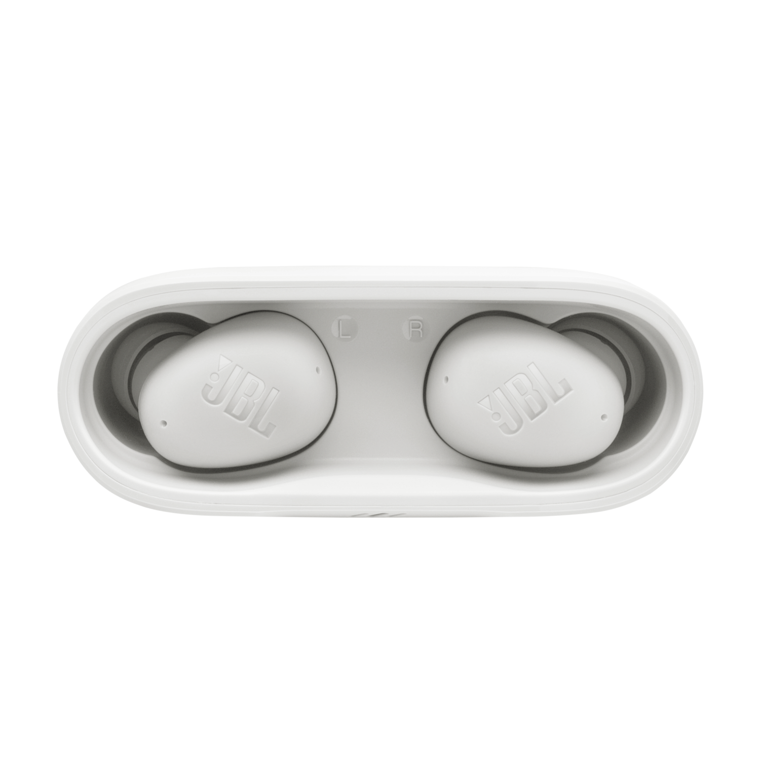Witte oordopjes in een witte case, met JBL-merk.