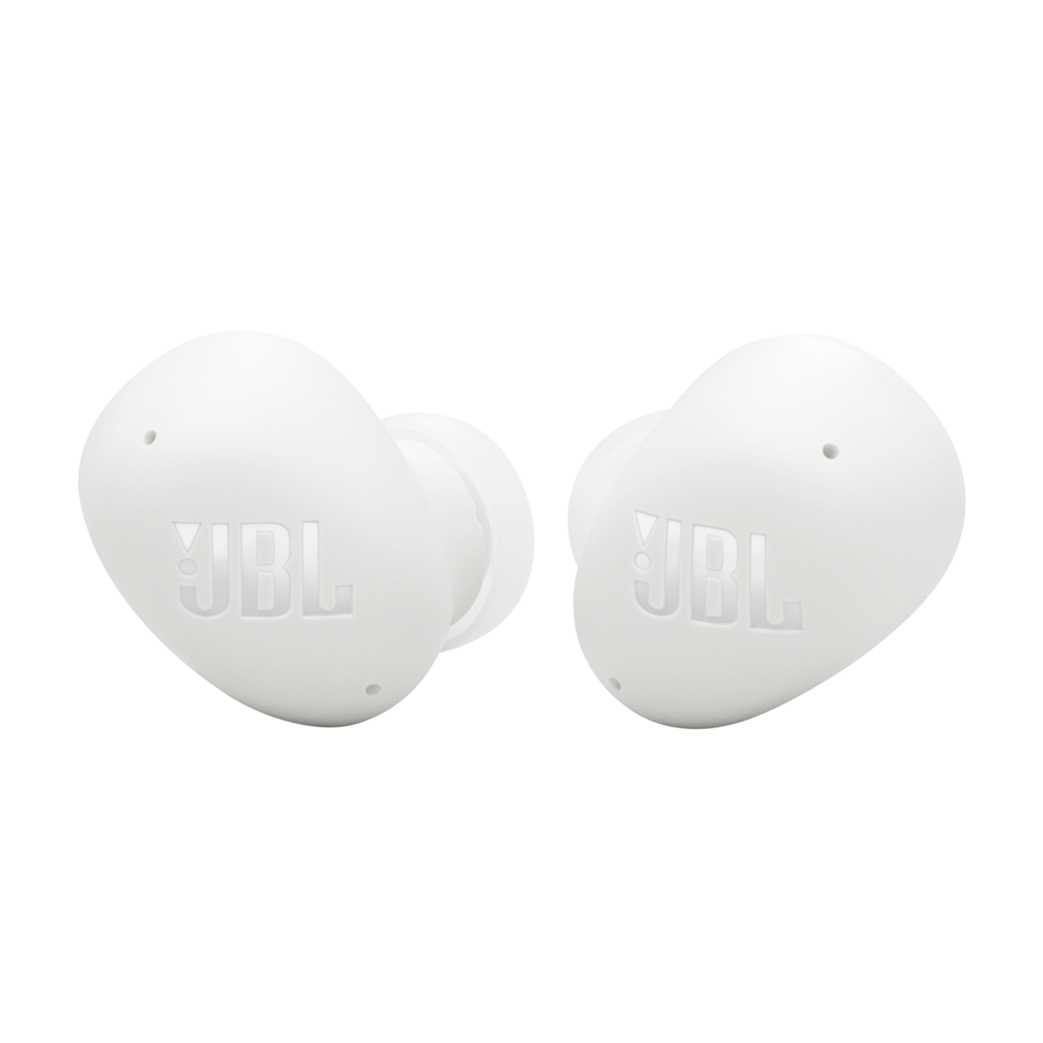 Twee witte JBL oortelefoons op een zwarte achtergrond. Het JBL-logo staat op elke oortelefoon.