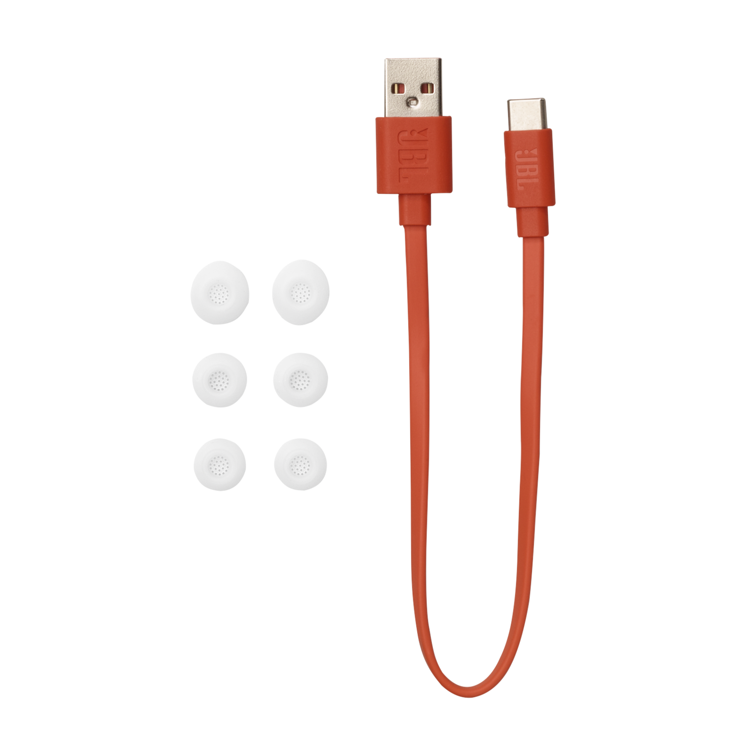 JBL oranje oplaadkabel met USB- en USB-C-connectoren, en witte oortips.