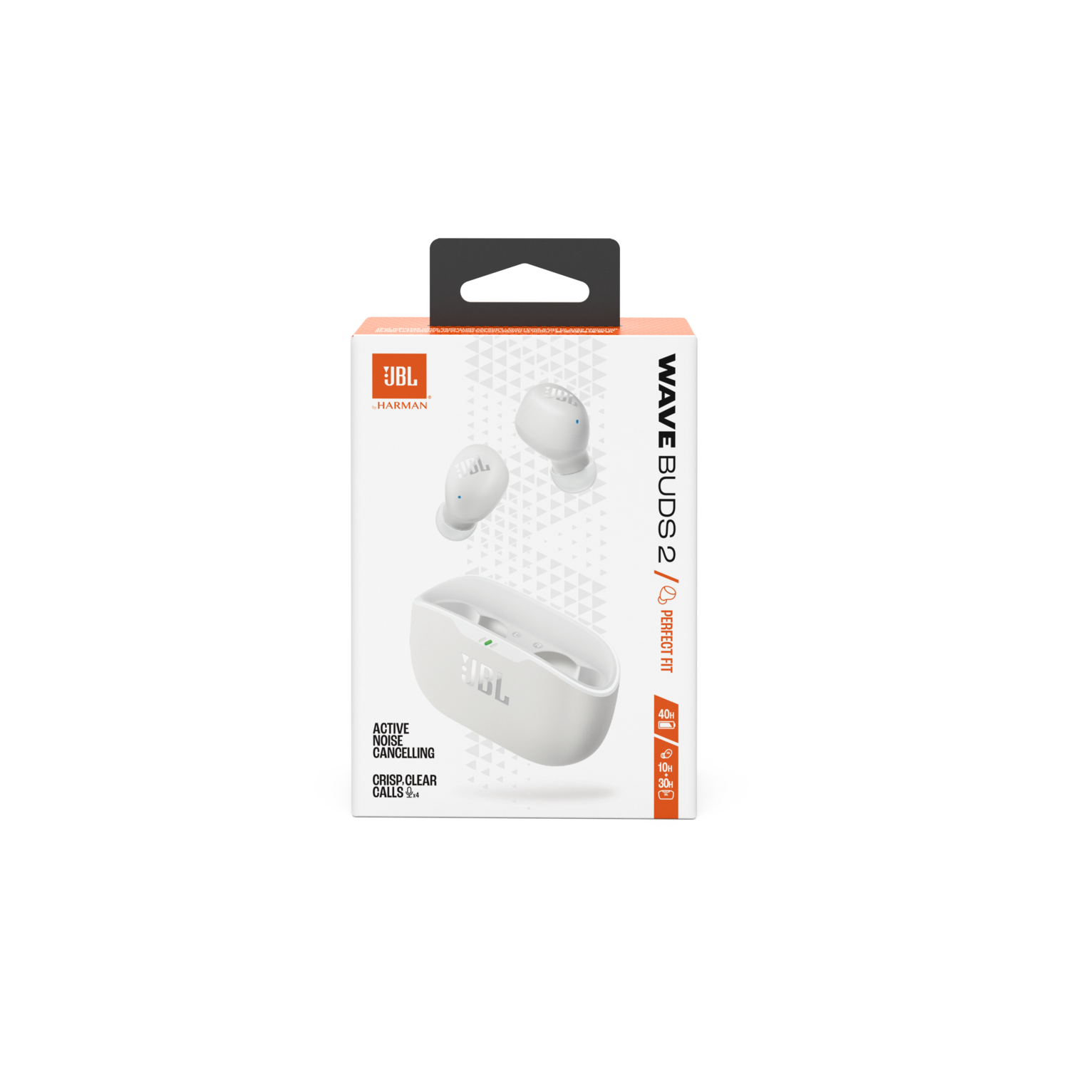 Witte doos met twee witte oortelefoons, oplaadcase en tekst: Wave Buds 2, actieve ruisonderdrukking, heldere oproepen.