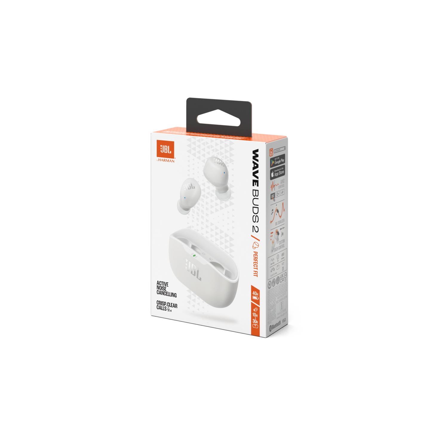 Een doos JBL Wave Buds 2, witte koptelefoon, met de doos op een zwarte achtergrond.