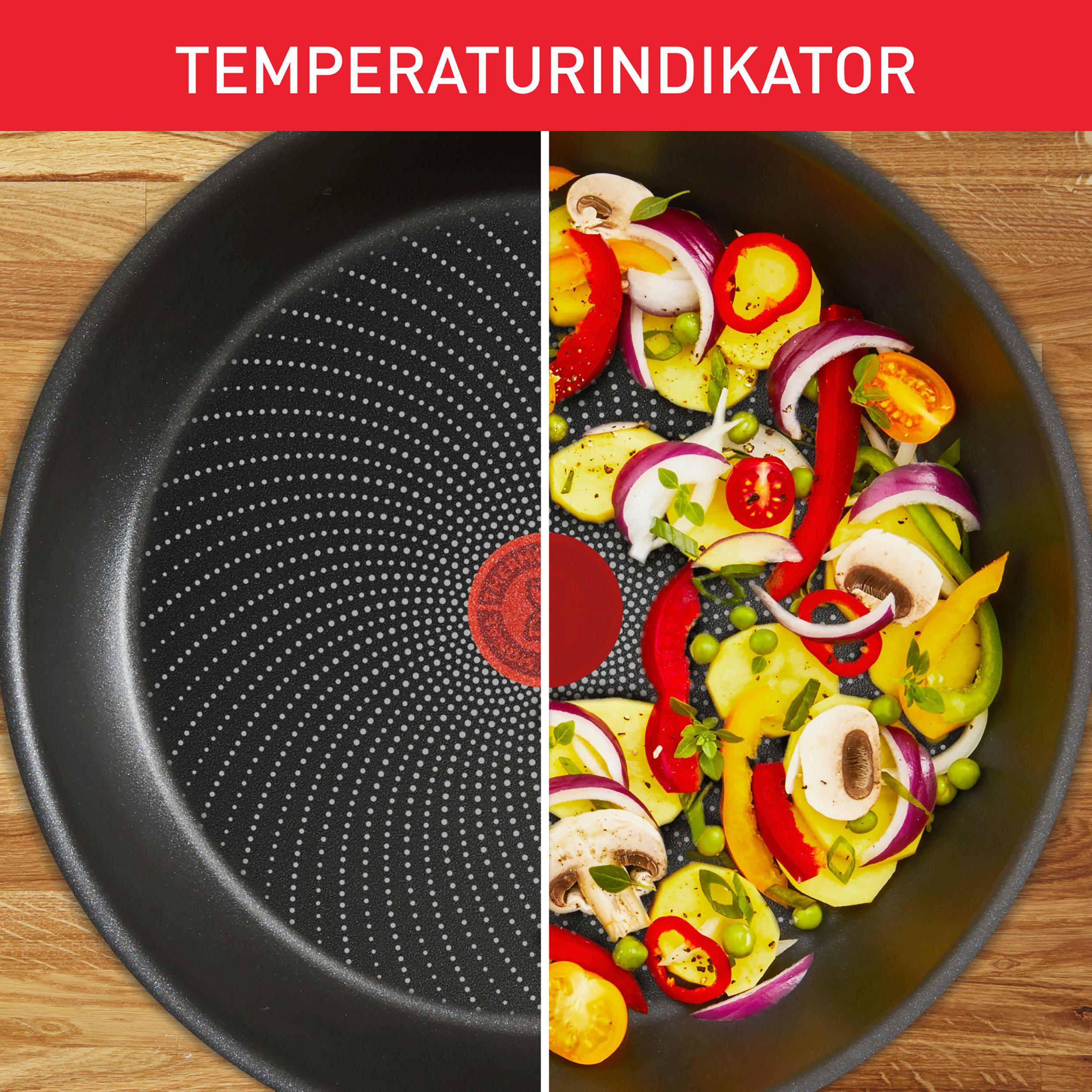 Eine Bratpfanne, halb leer, halb gefüllt mit bunten, gekochten Gemüsen. Der Text oben lautet 'TEMPERATURINDIKATOR'.