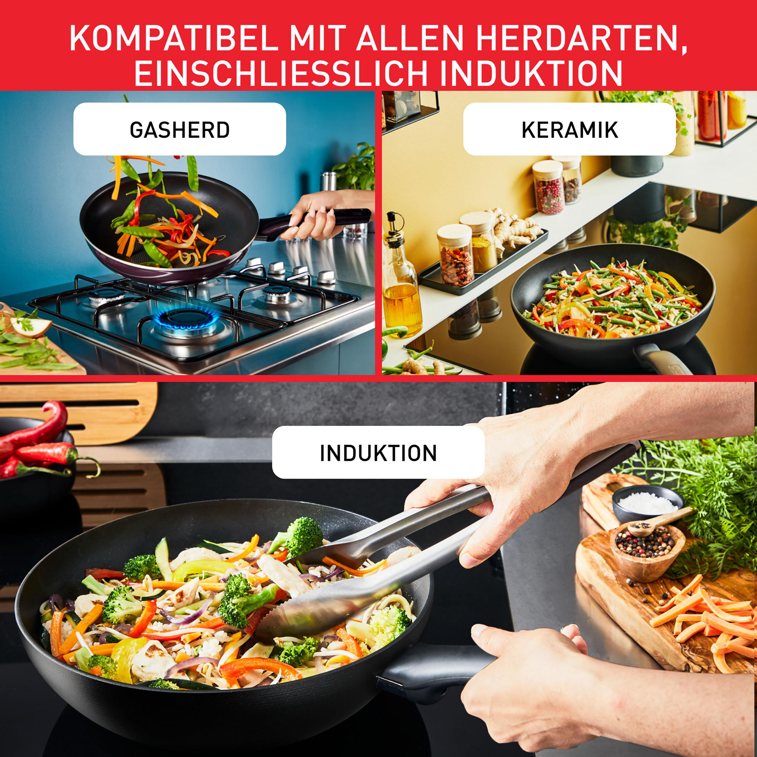 Drei Bilder, die die Verwendung von Pfannen auf verschiedenen Kochflächen zeigen.