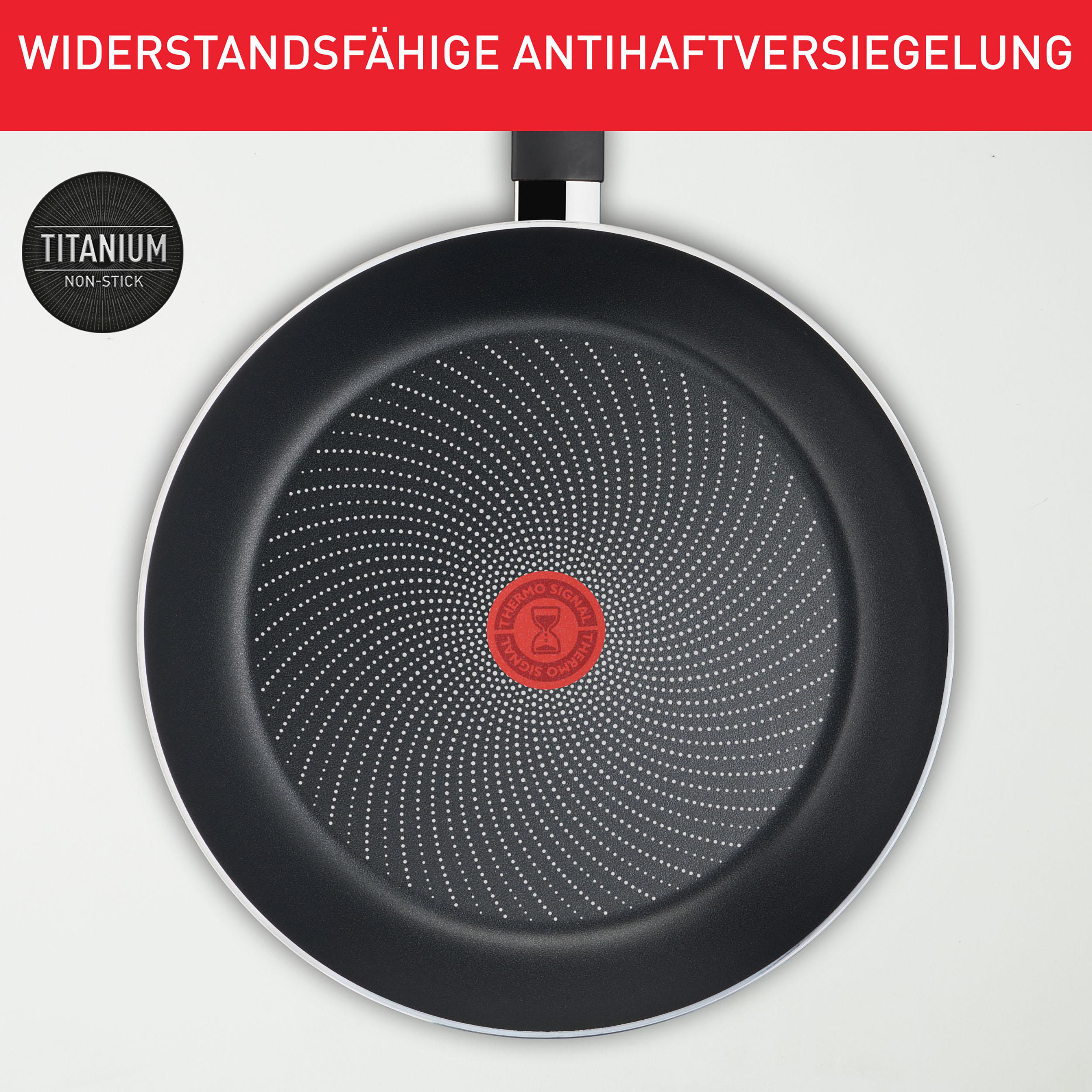 Eine schwarze Bratpfanne mit rotem Kreis in der Mitte, auf weißem Hintergrund.