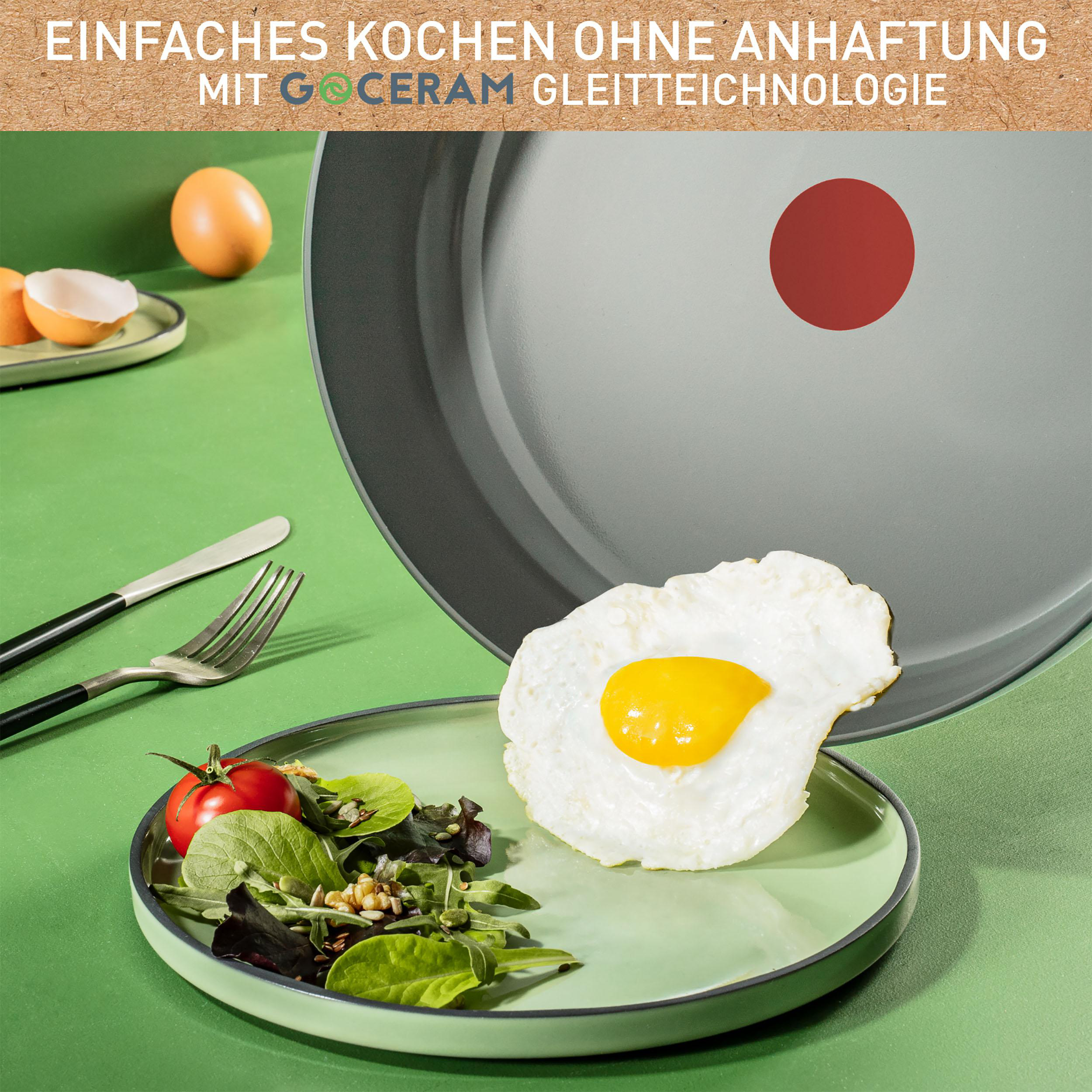 Ein Spiegelei auf einem Teller, mit einer Pfanne und Zutaten auf einer grünen Oberfläche.