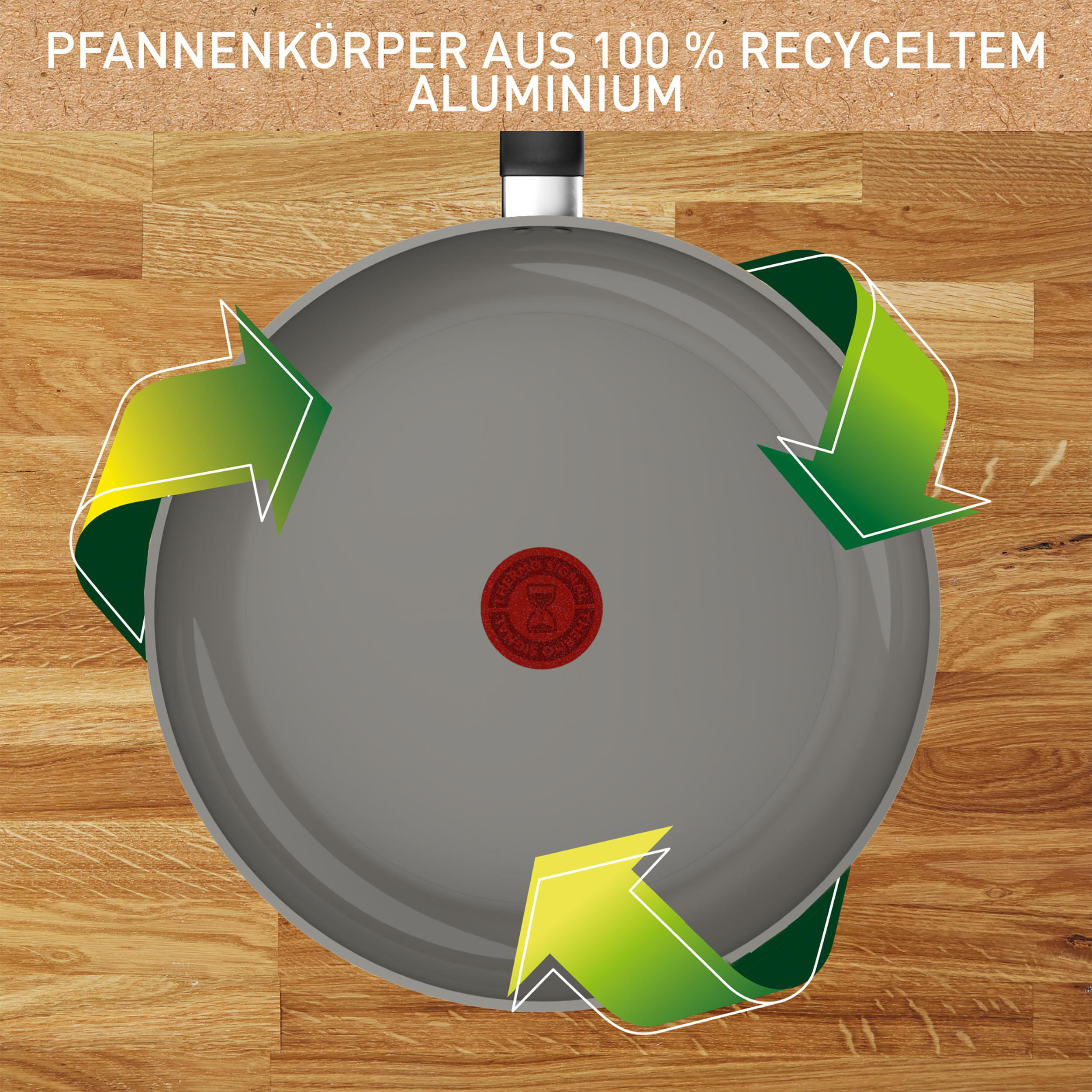 Eine Bratpfanne mit Pfeilen, die den Recyclingprozess zeigen. Text: 'PFANNENKÖRPER AUS 100 % RECYCELTEM ALUMINIUM'.