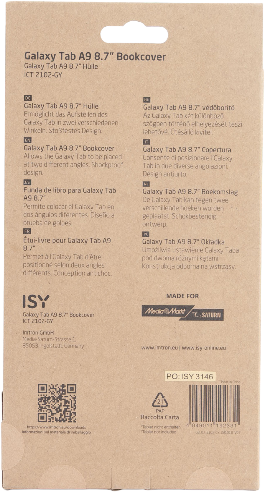 Barna doboz Galaxy Tab A9 8.7"-hez, több nyelven felirattal. A dobozon a "Bookcover" és az "Ütésálló kivitel" felirat olvasható.