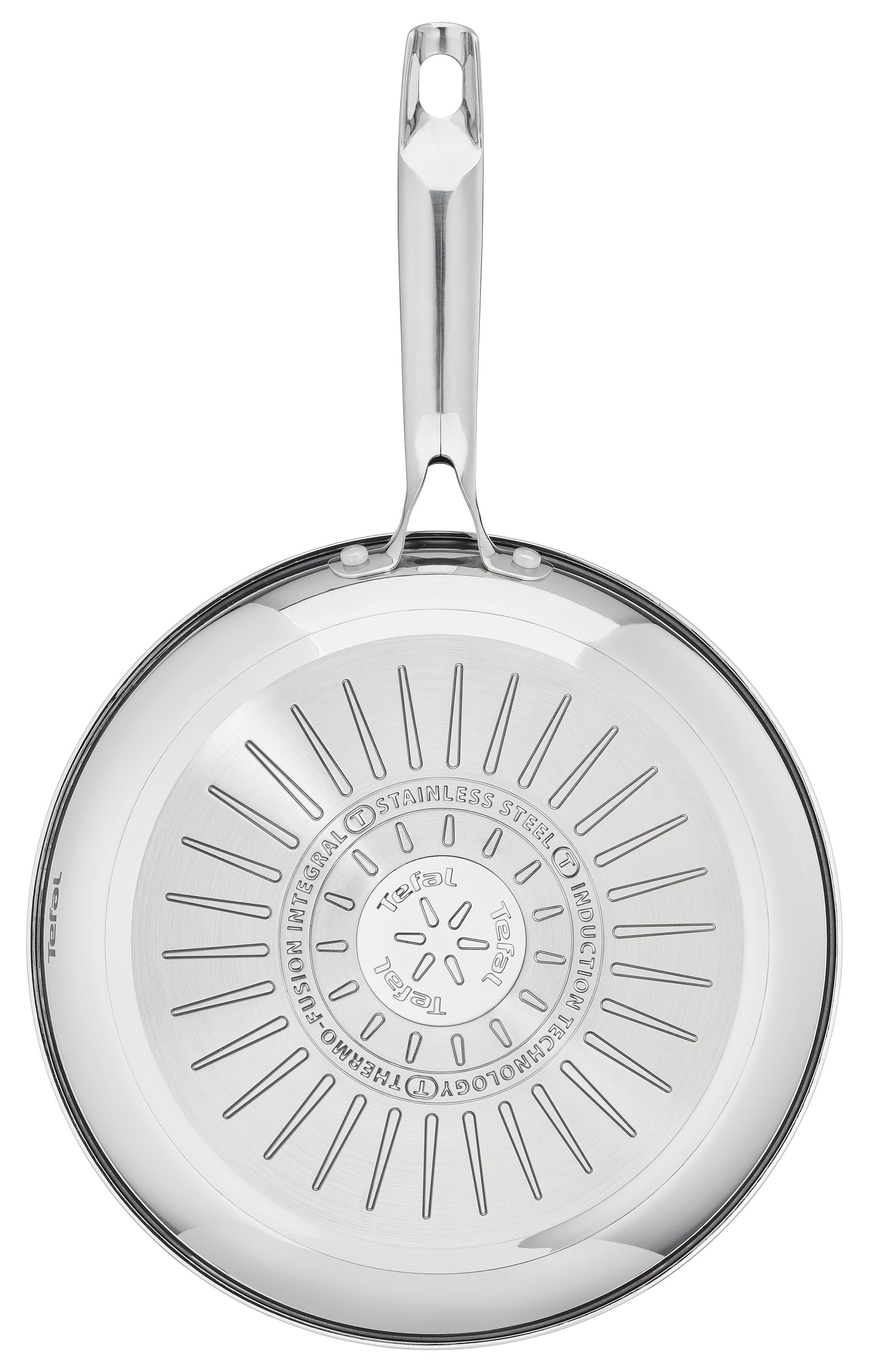 Edelstahl-Bratpfanne mit spiegelndem Innenraum, mit Tefal-Branding auf dem Boden.